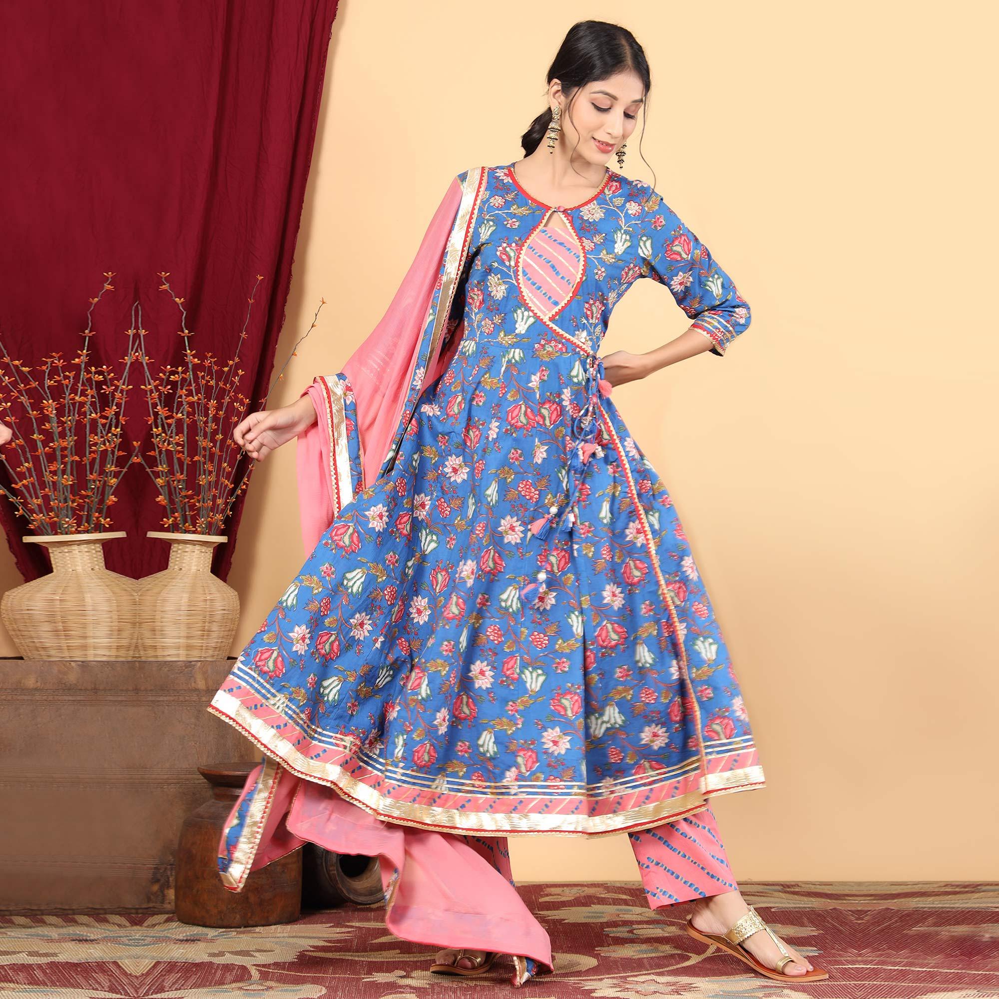 Blue Printed Pure Cotton Anarkali Suit - Peachmode