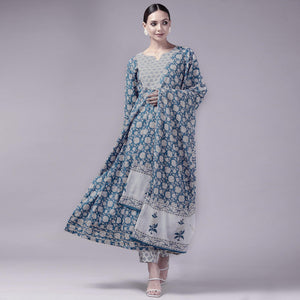 Blue Printed Pure Cotton Anarkali Suit - Peachmode