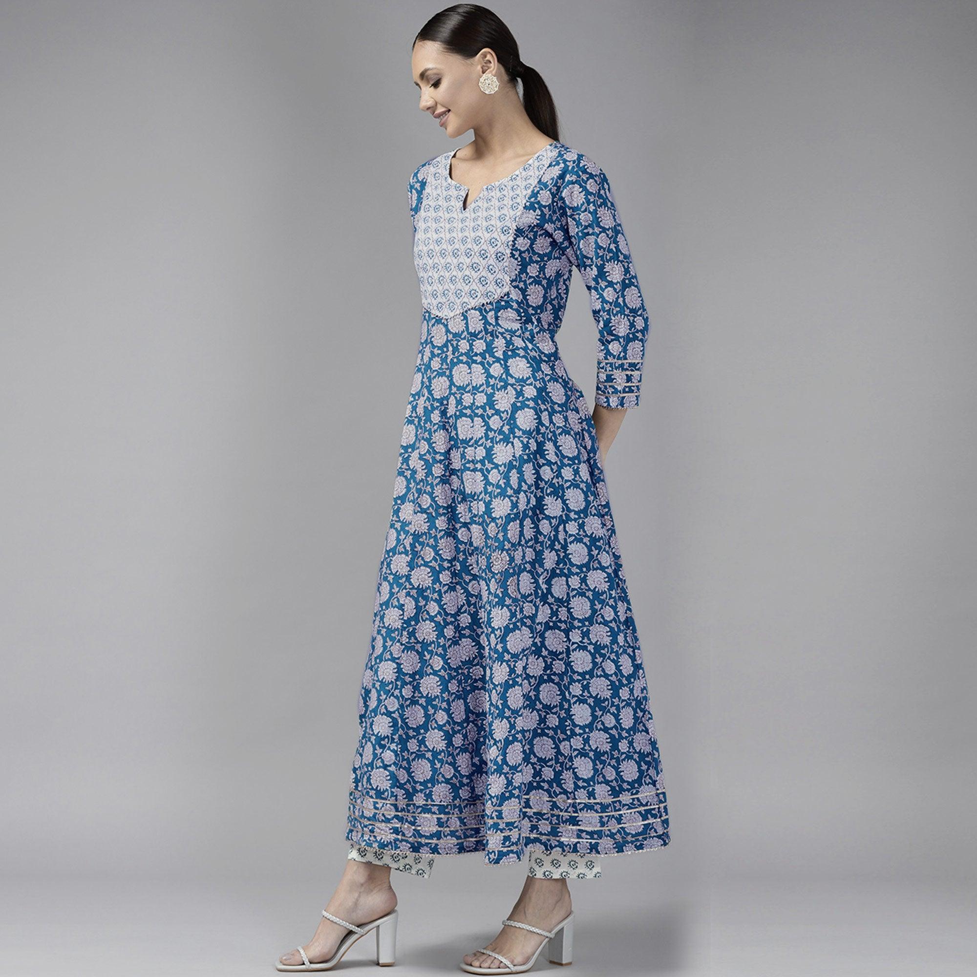 Blue Printed Pure Cotton Anarkali Suit - Peachmode