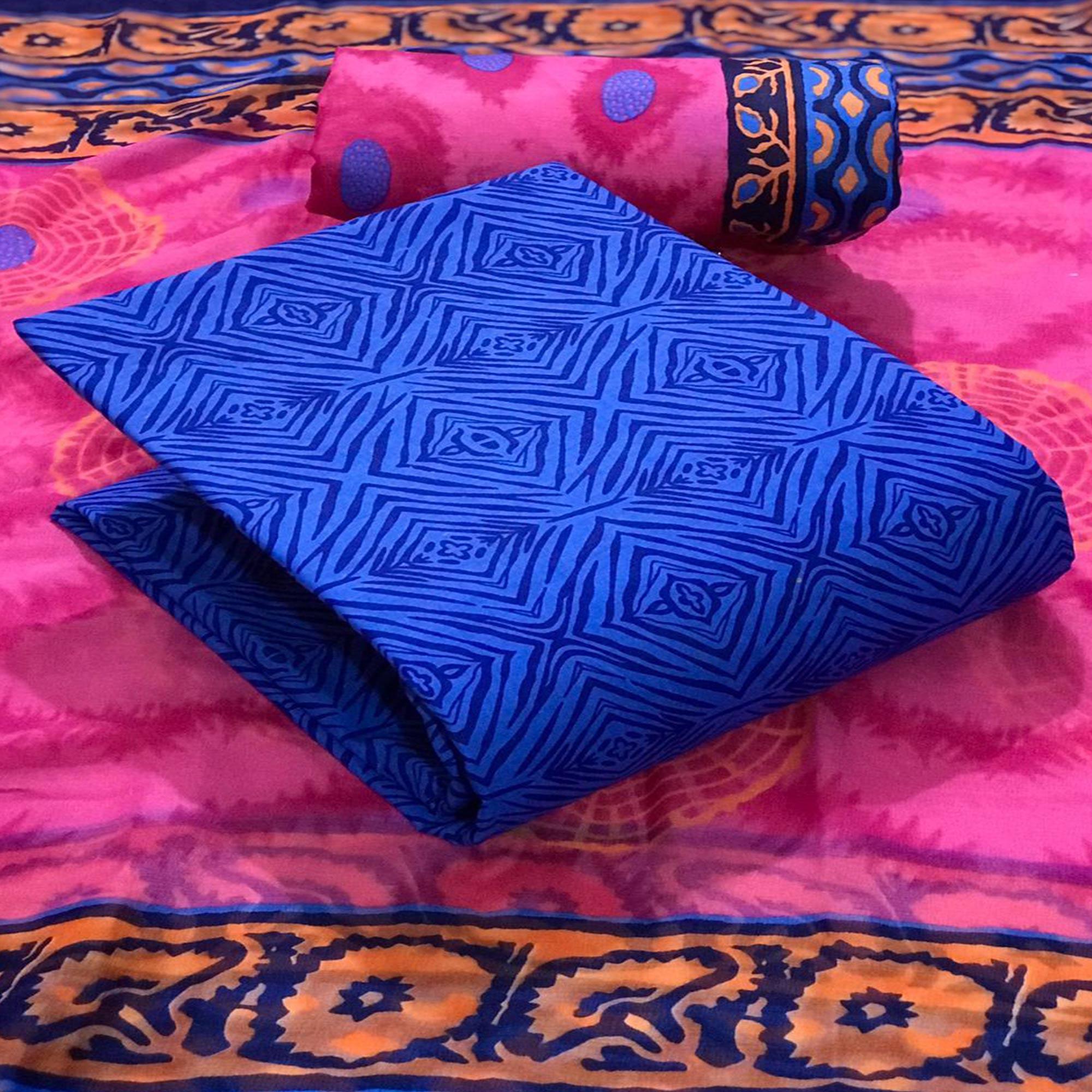 Blue Printed Pure Cotton Dress Material - Peachmode