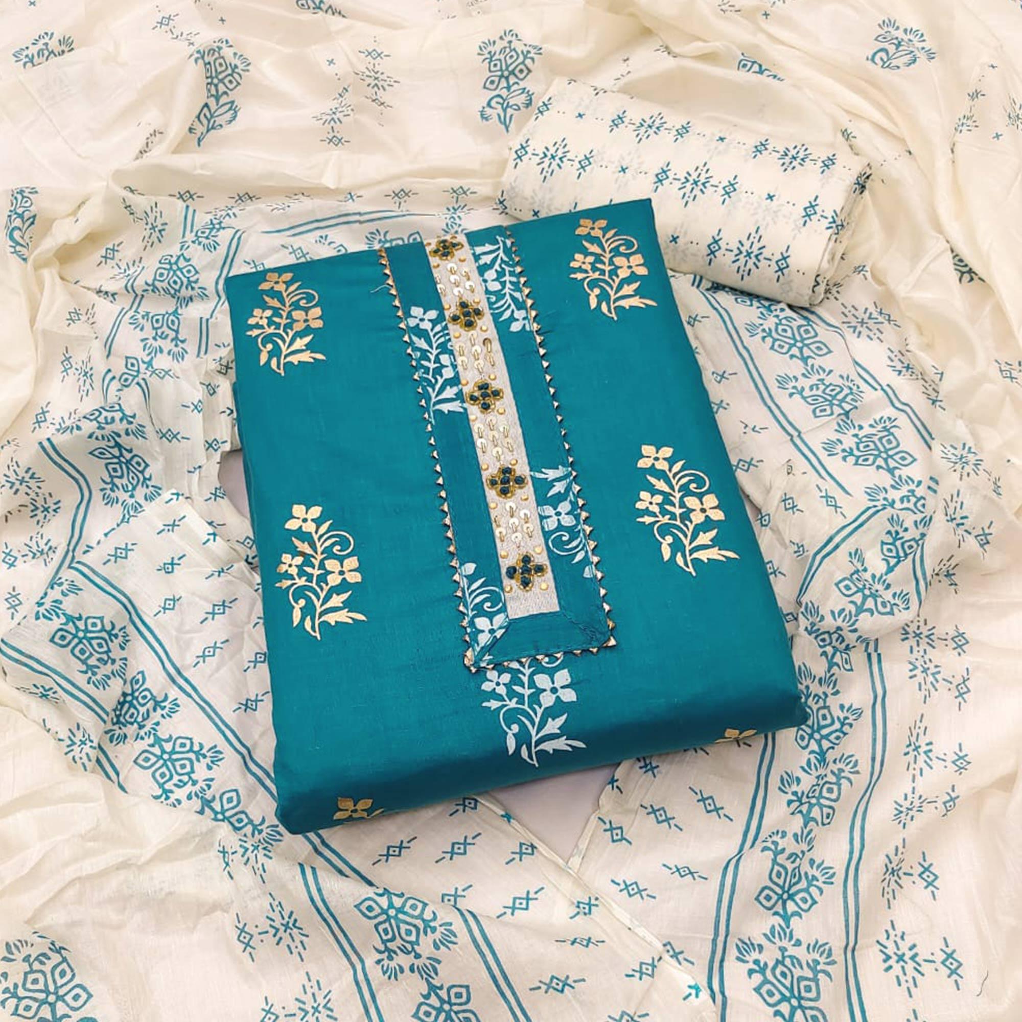 Blue Printed Pure Cotton Dress Material - Peachmode