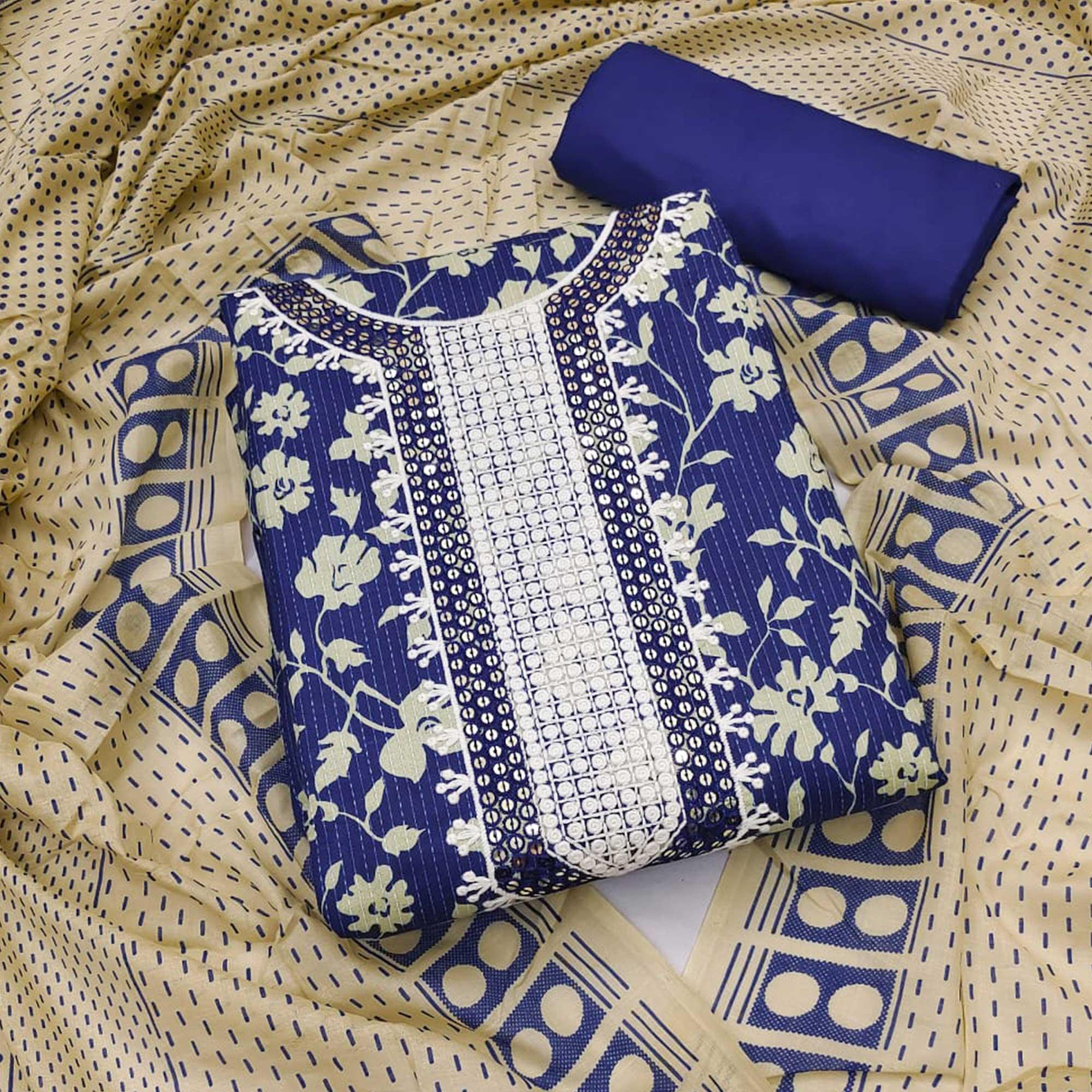 Blue Printed Pure Cotton Dress Material - Peachmode