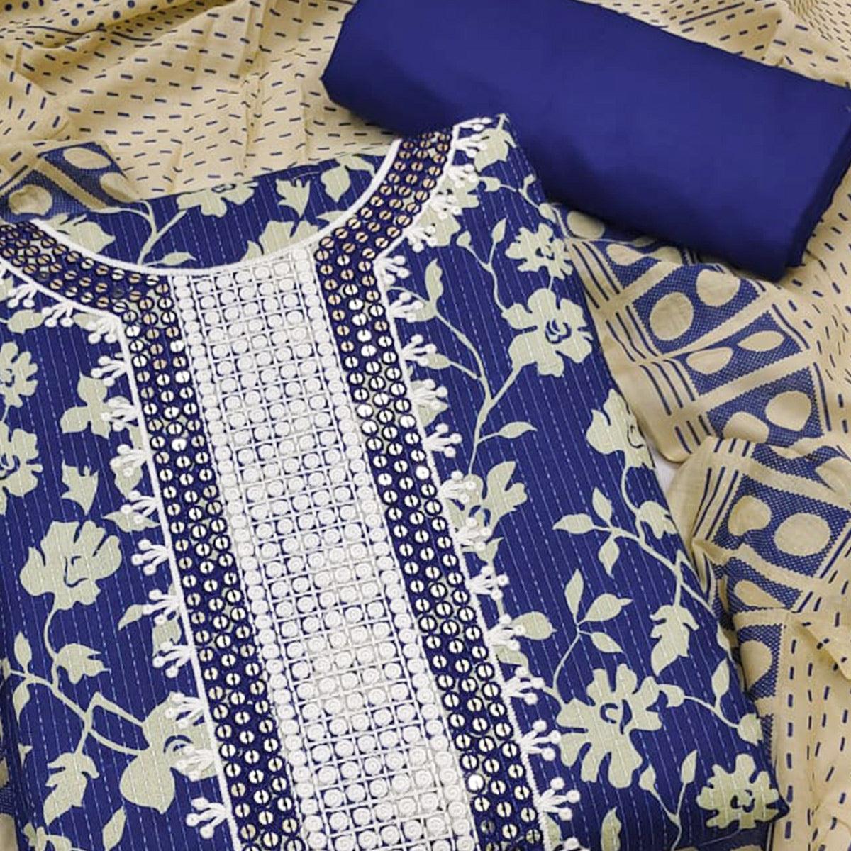Blue Printed Pure Cotton Dress Material - Peachmode