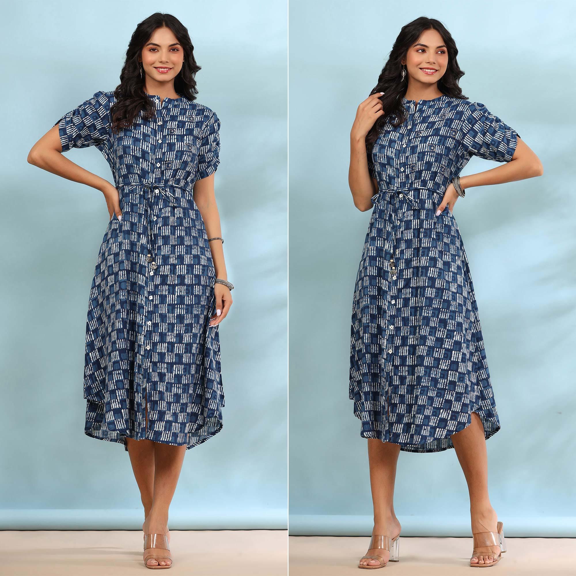 Blue Printed Pure Cotton Dress - Peachmode