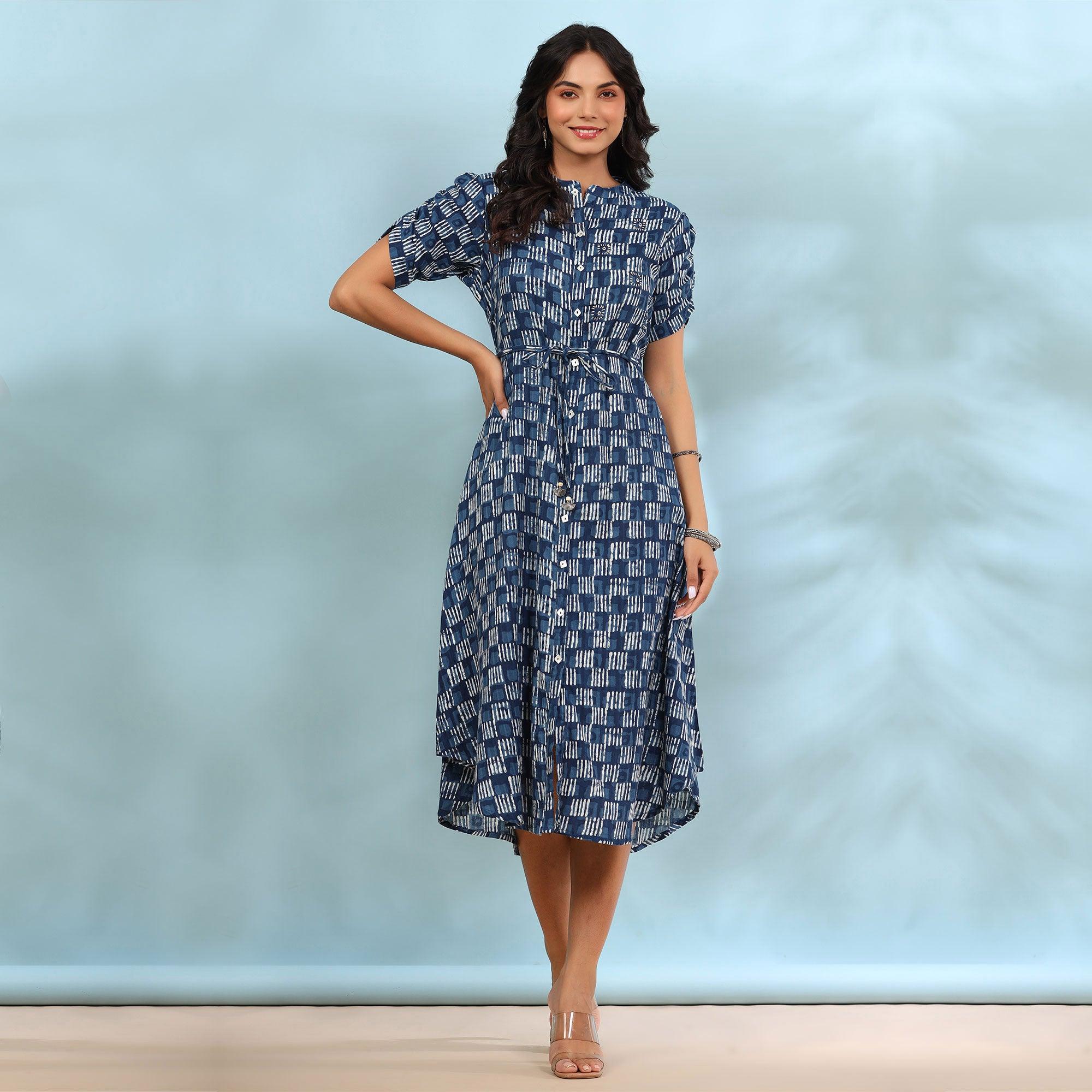 Blue Printed Pure Cotton Dress - Peachmode