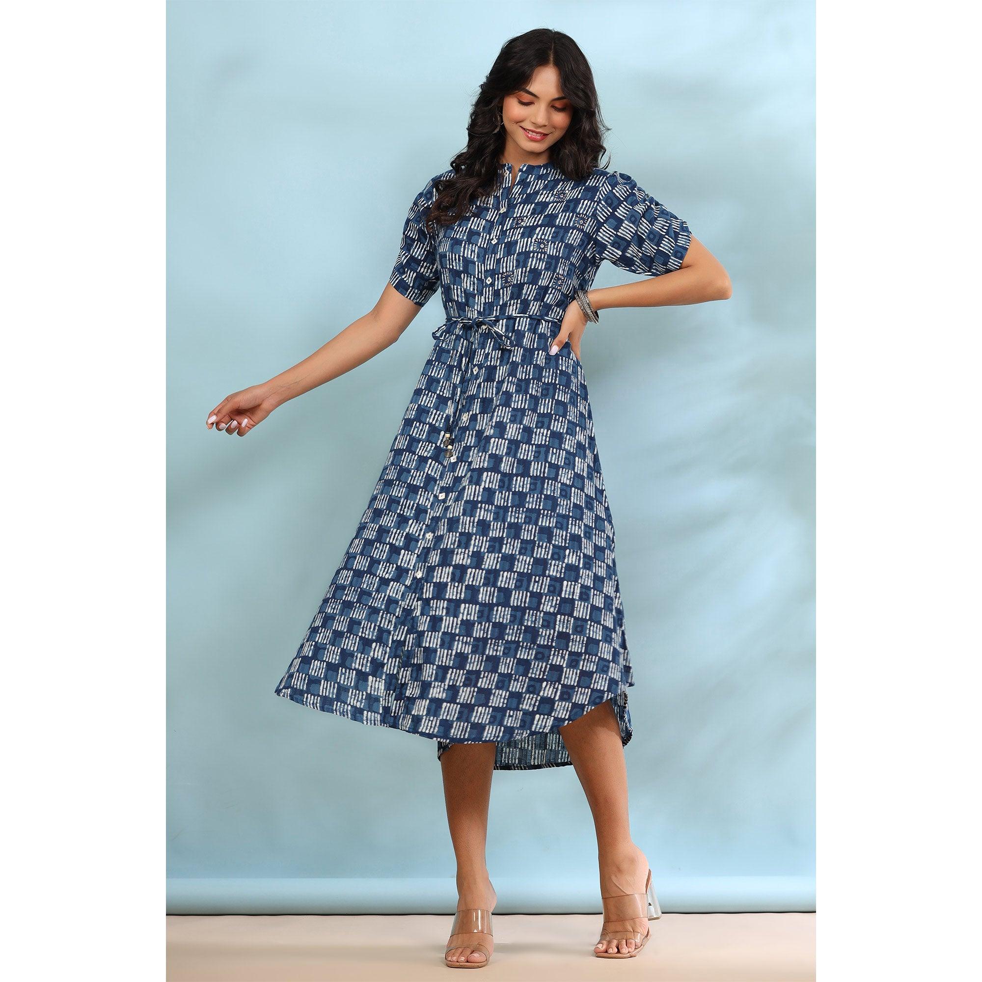 Blue Printed Pure Cotton Dress - Peachmode