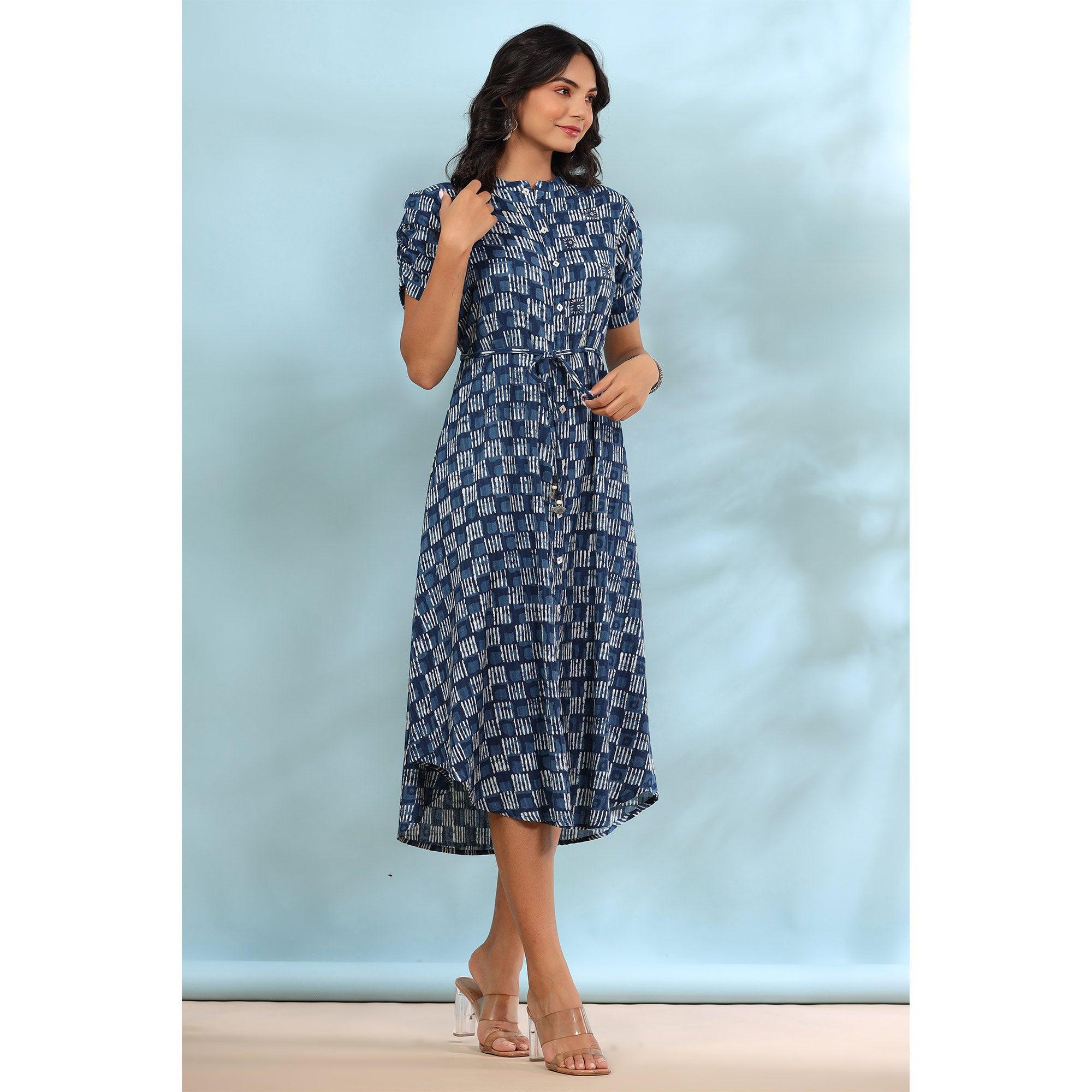 Blue Printed Pure Cotton Dress - Peachmode