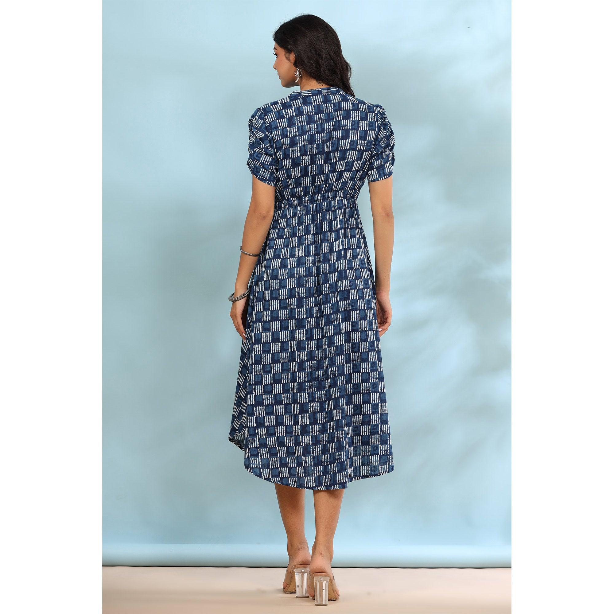 Blue Printed Pure Cotton Dress - Peachmode