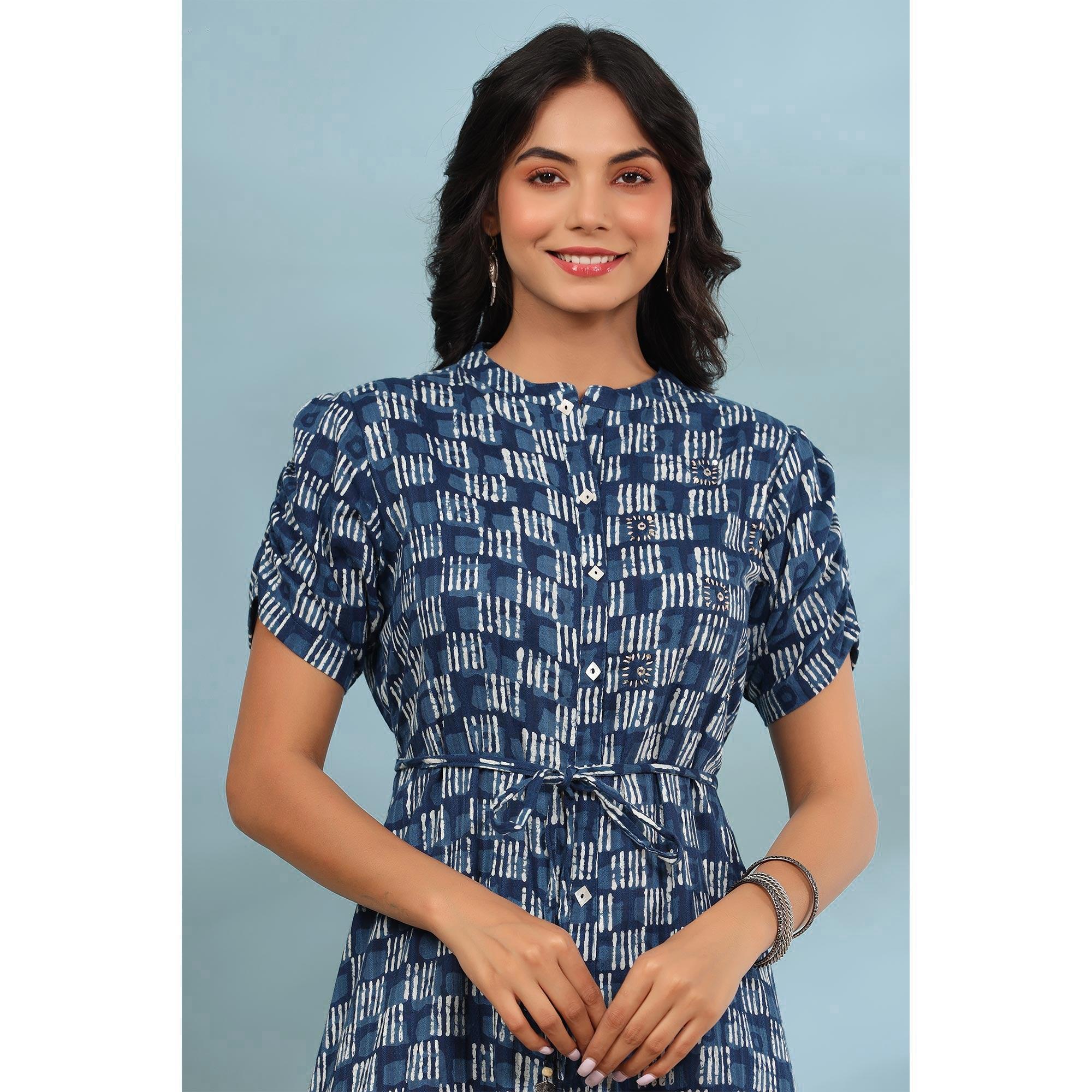 Blue Printed Pure Cotton Dress - Peachmode