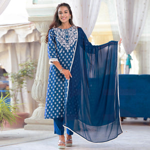 Blue Printed Pure Cotton Kurti Pant Set With Dupatta - Peachmode