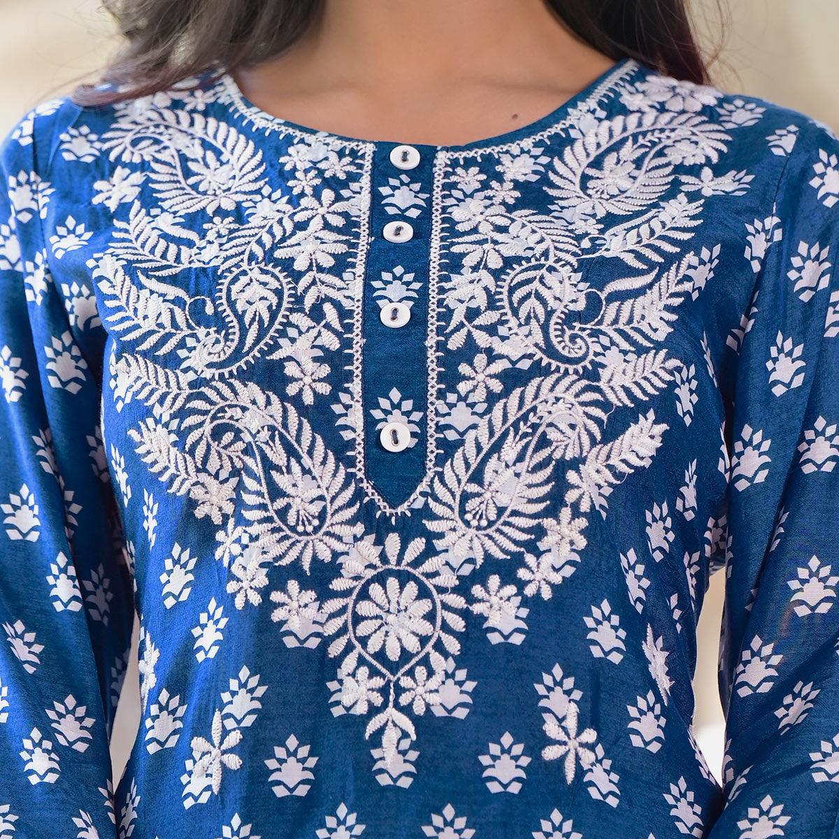 Blue Printed Pure Cotton Kurti Pant Set With Dupatta - Peachmode