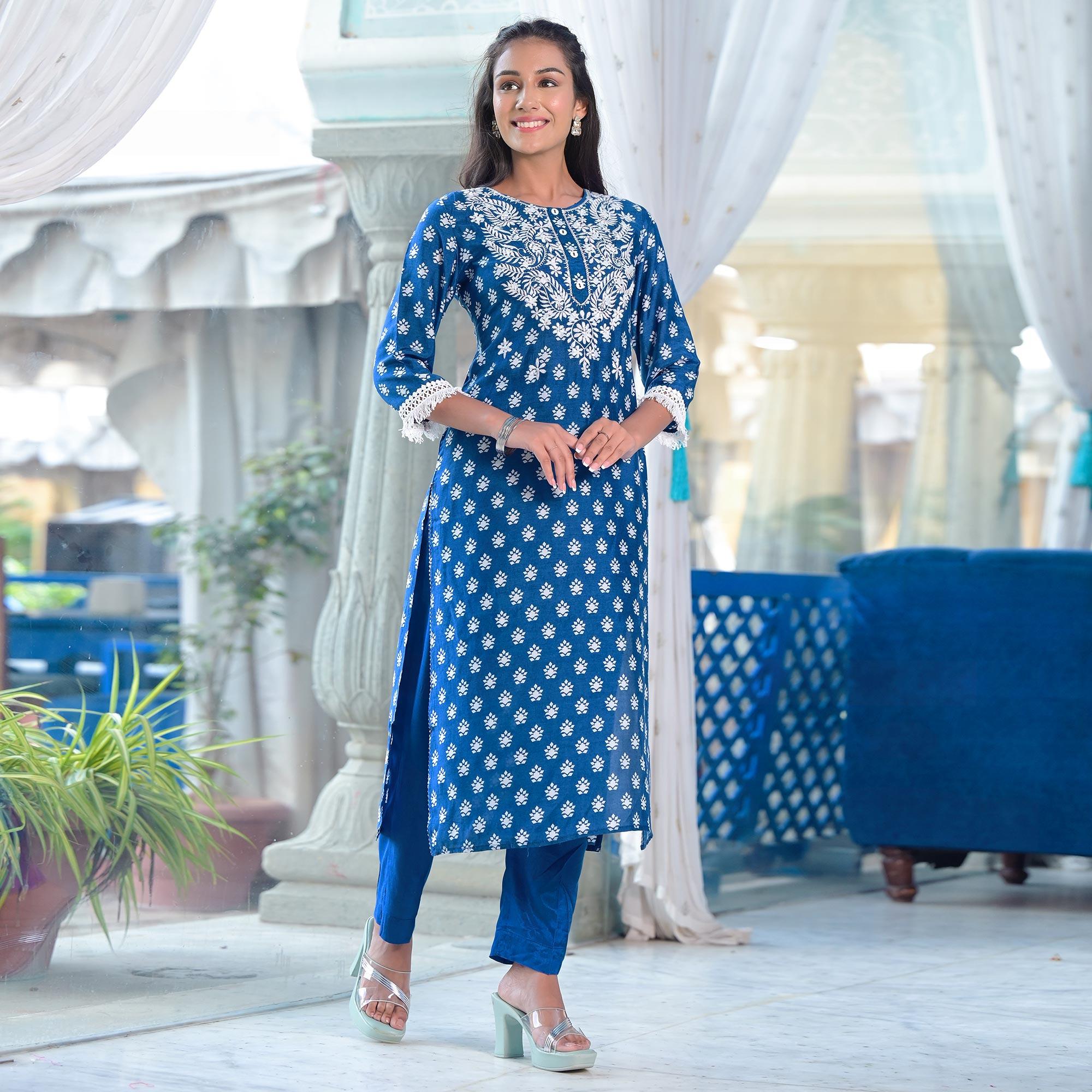 Blue Printed Pure Cotton Kurti Pant Set With Dupatta - Peachmode