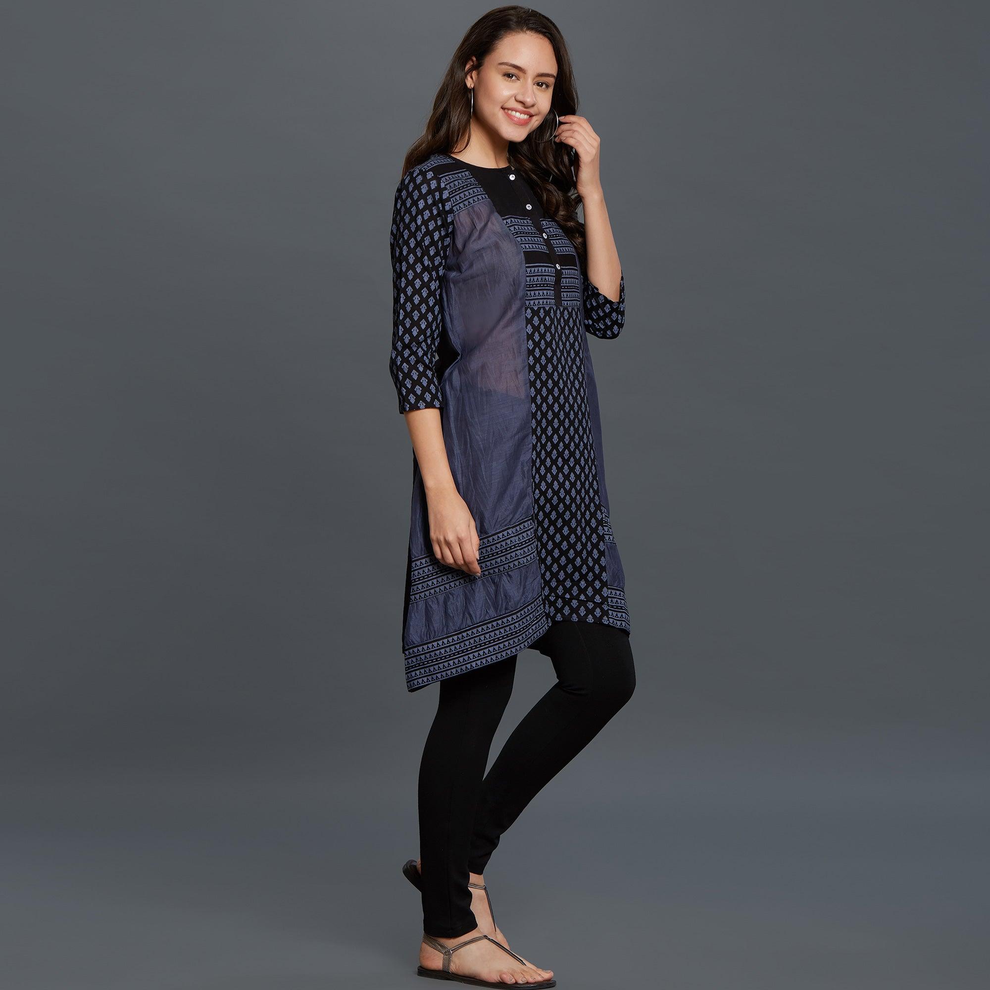 Blue Printed Pure Cotton Kurti - Peachmode