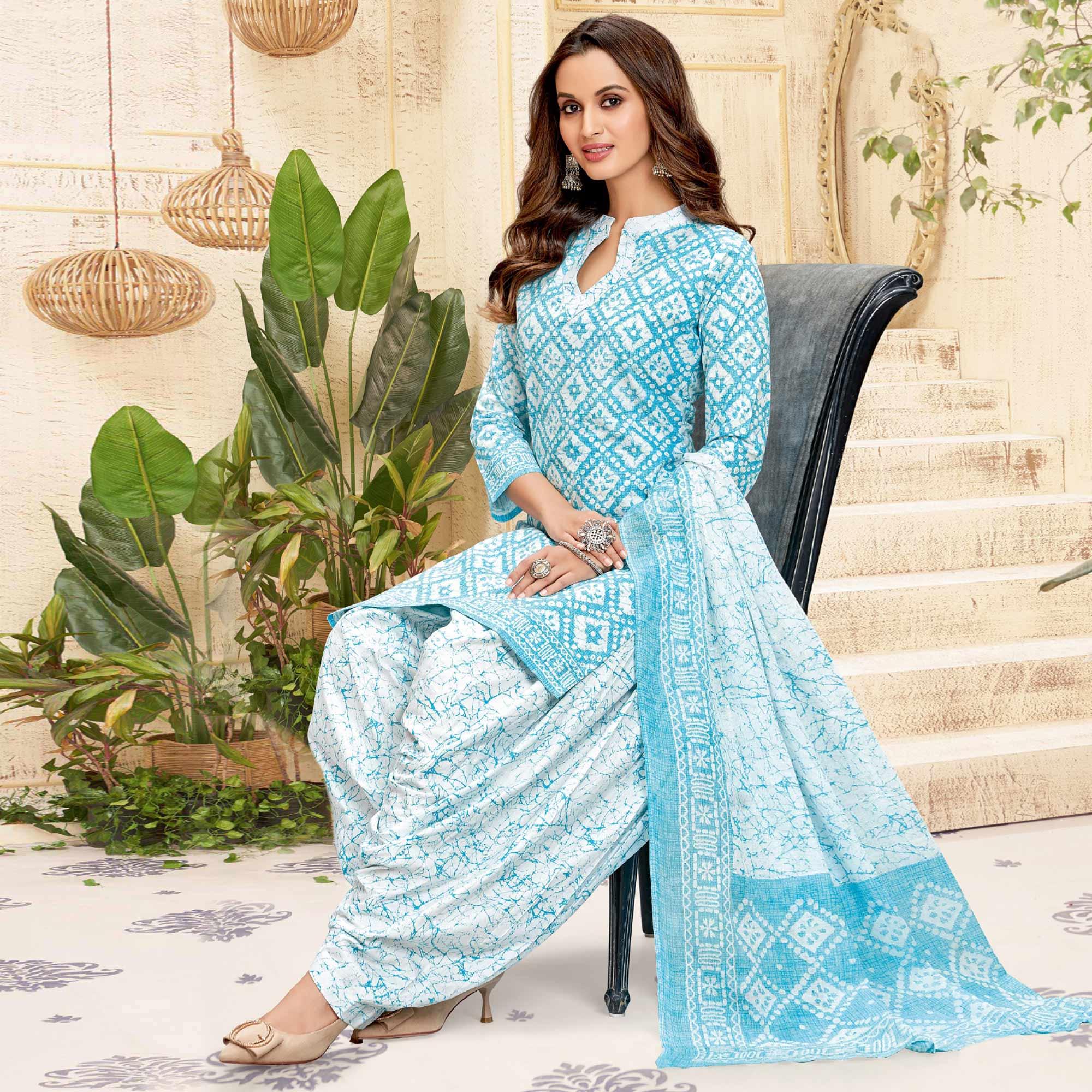 Blue Printed Pure Cotton Patiala Dress Material - Peachmode