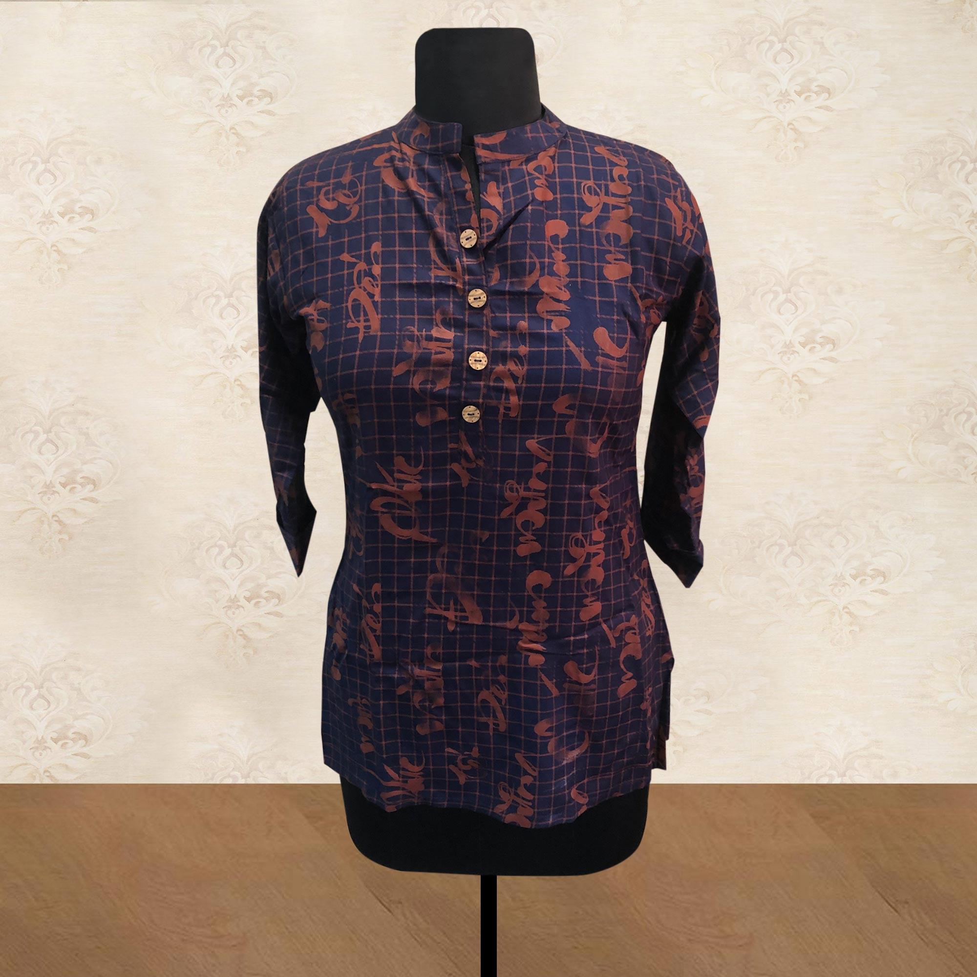 Blue Printed Pure Cotton Top - Peachmode