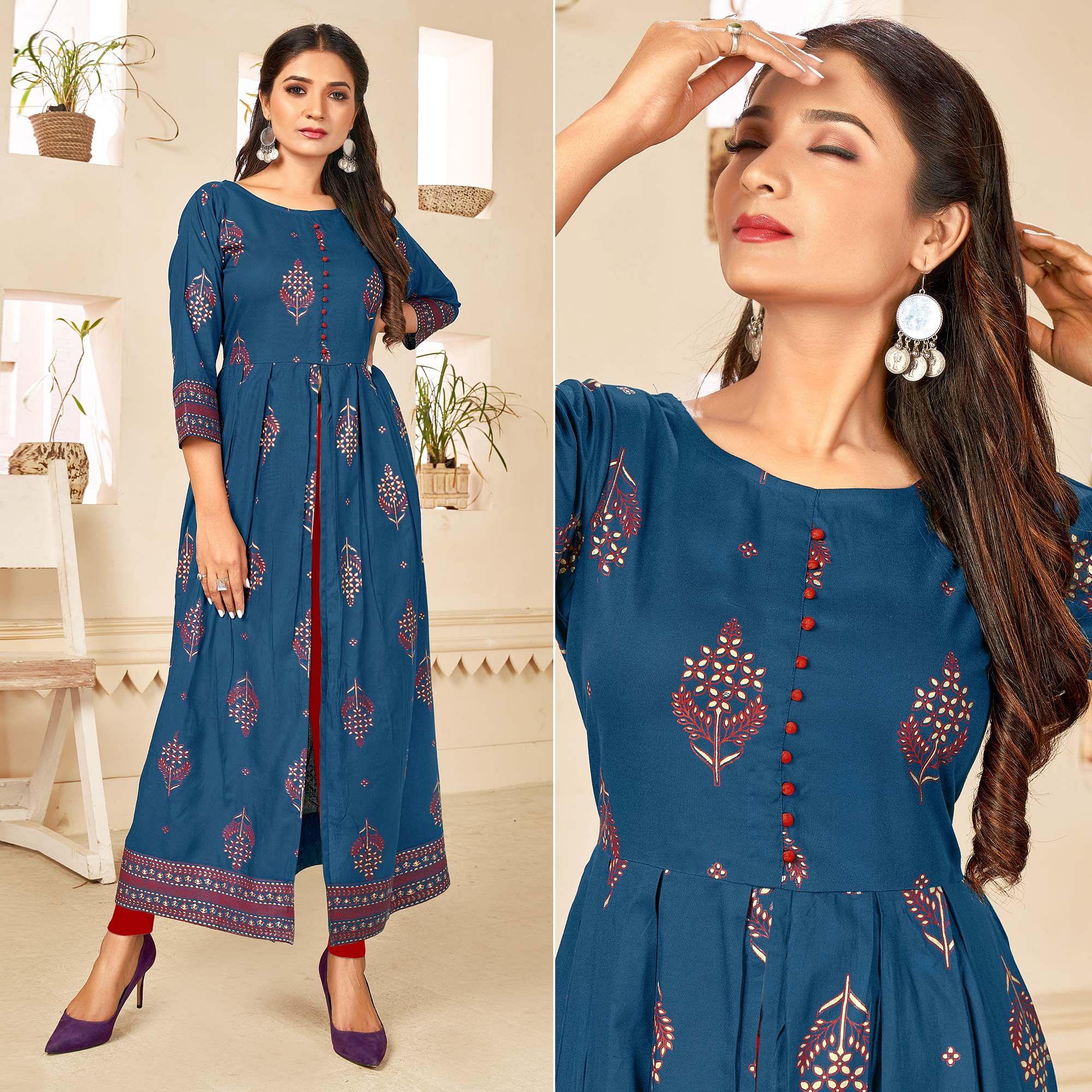 Blue Printed Rayon Anarkali Kurti - Peachmode