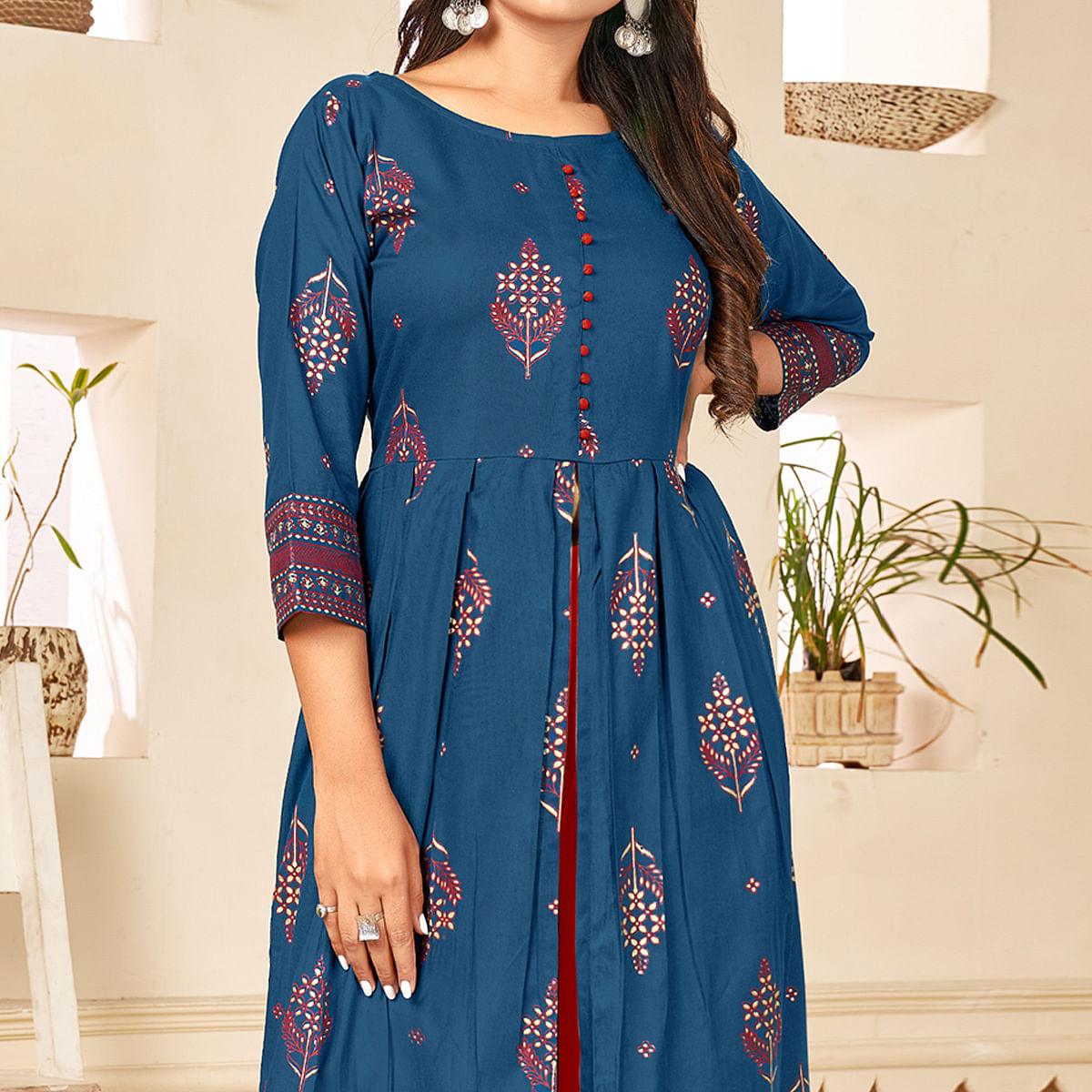 Blue Printed Rayon Anarkali Kurti - Peachmode