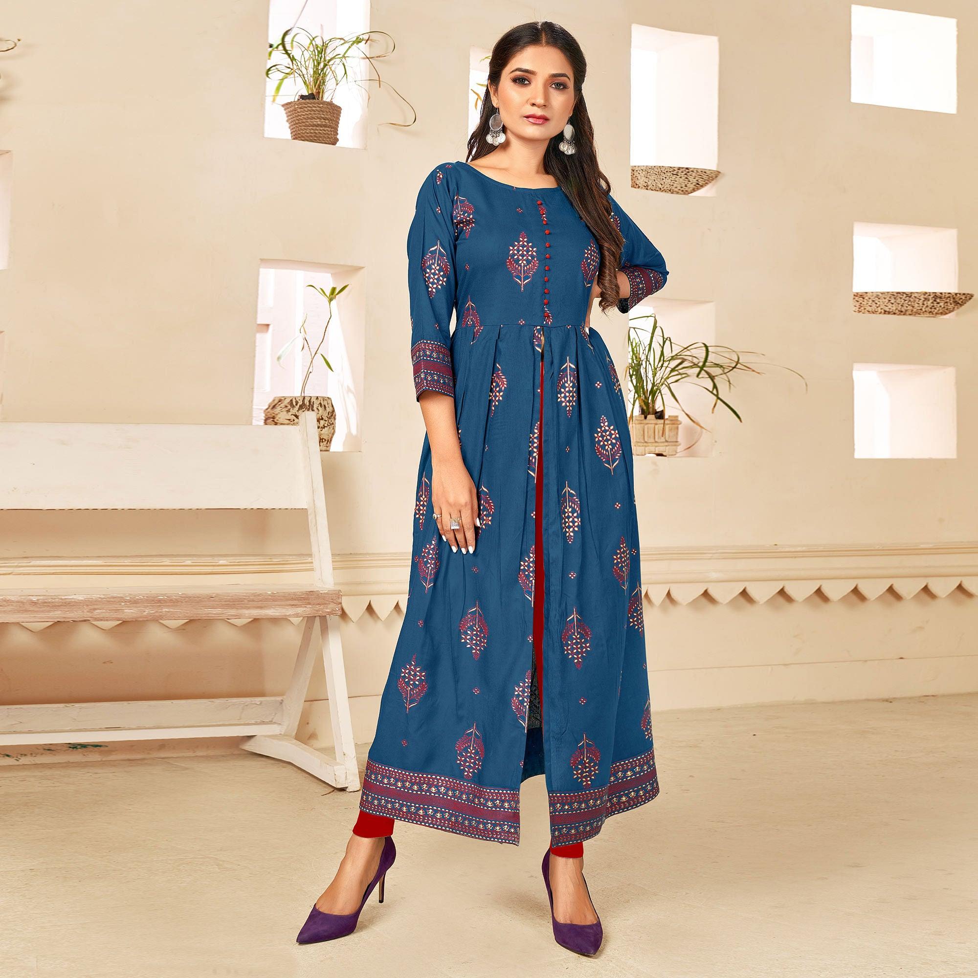 Blue Printed Rayon Anarkali Kurti - Peachmode