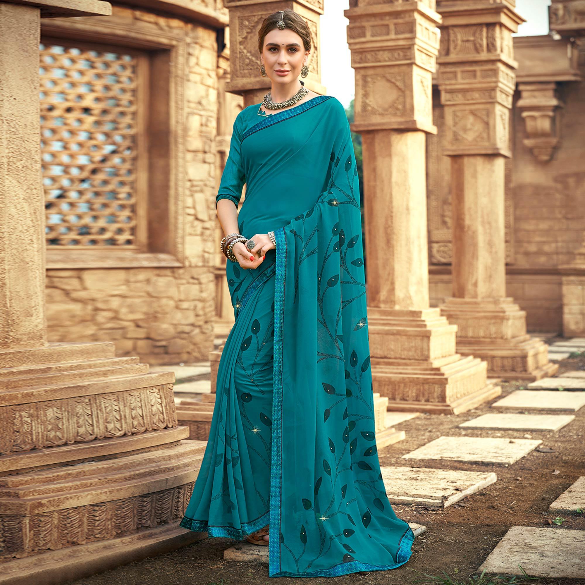 Blue Printed-Sequins Work Georgette Saree - Peachmode