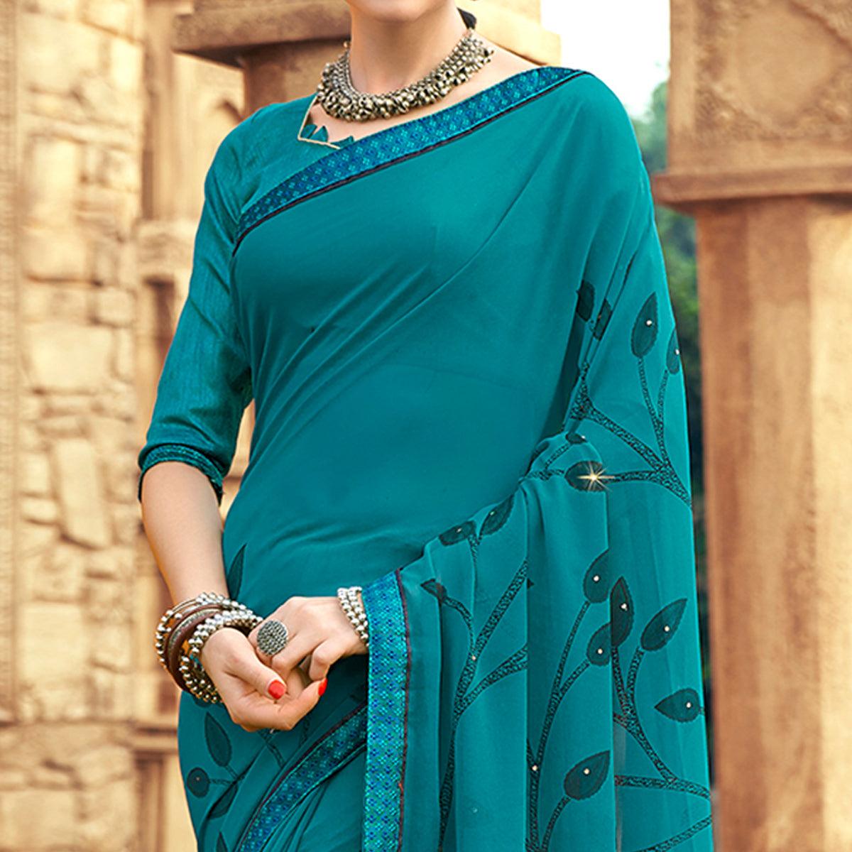 Blue Printed-Sequins Work Georgette Saree - Peachmode