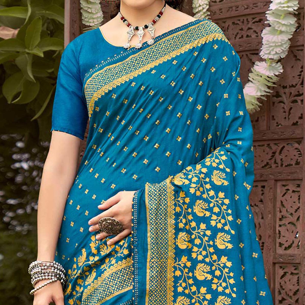 Blue Printed Vichitra Silk Saree With Tassels - Peachmode