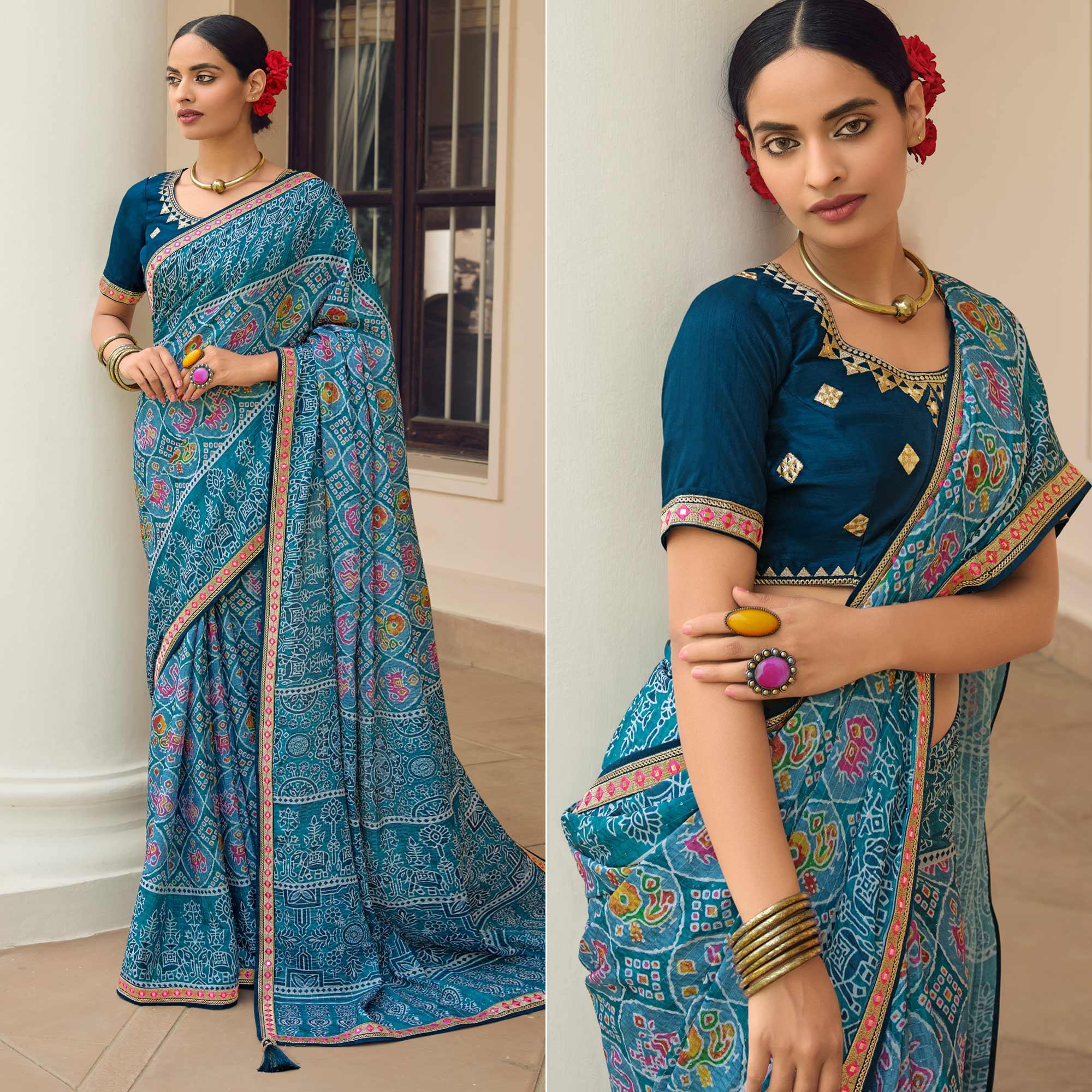Blue Printed With Embellished Chiffon Saree With Tassels - Peachmode