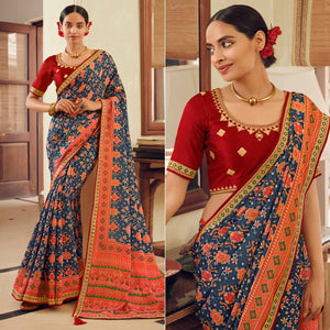 Blue Printed With Embellished Chiffon Saree With Tassels - Peachmode