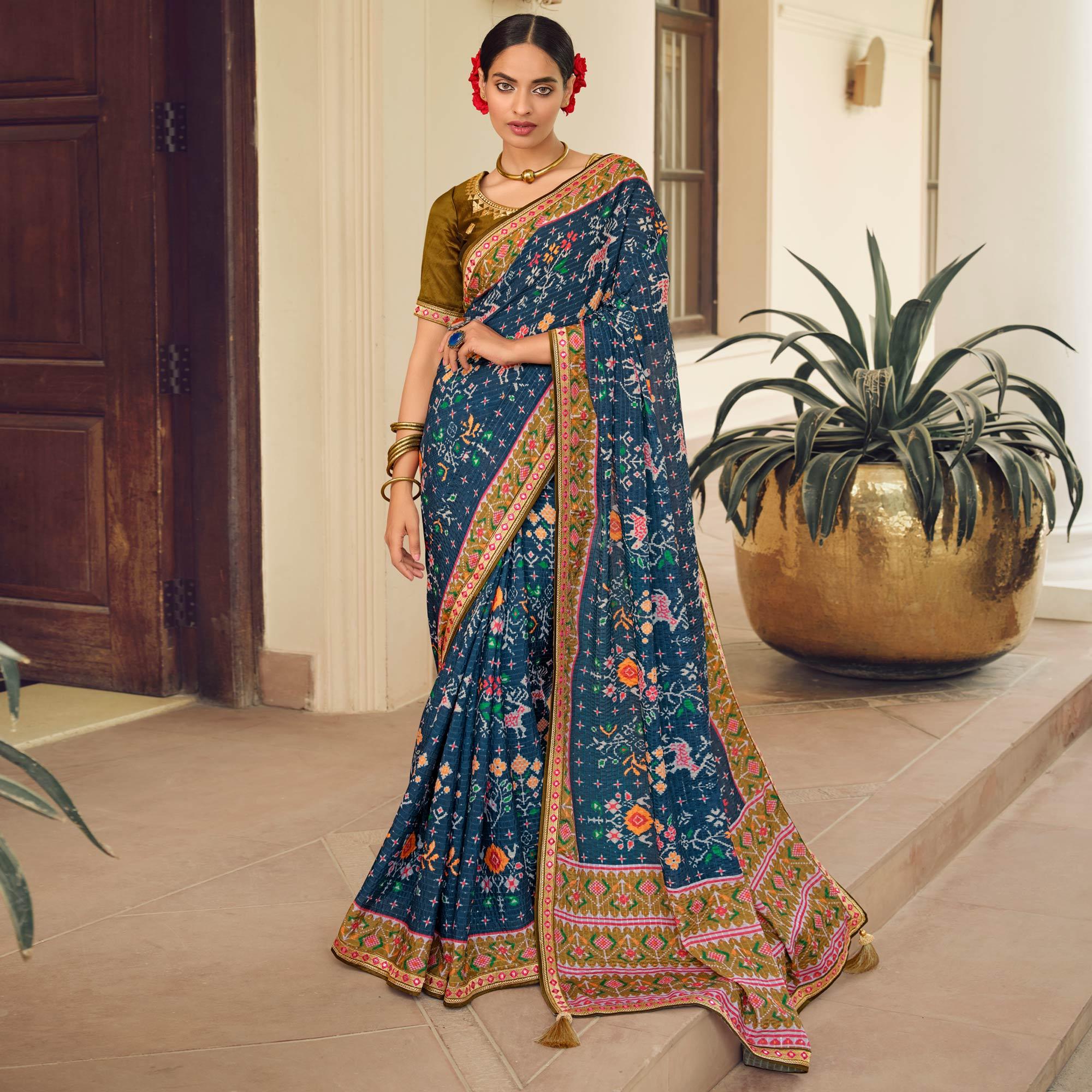 Blue Printed With Embellished Chiffon Saree With Tassels - Peachmode