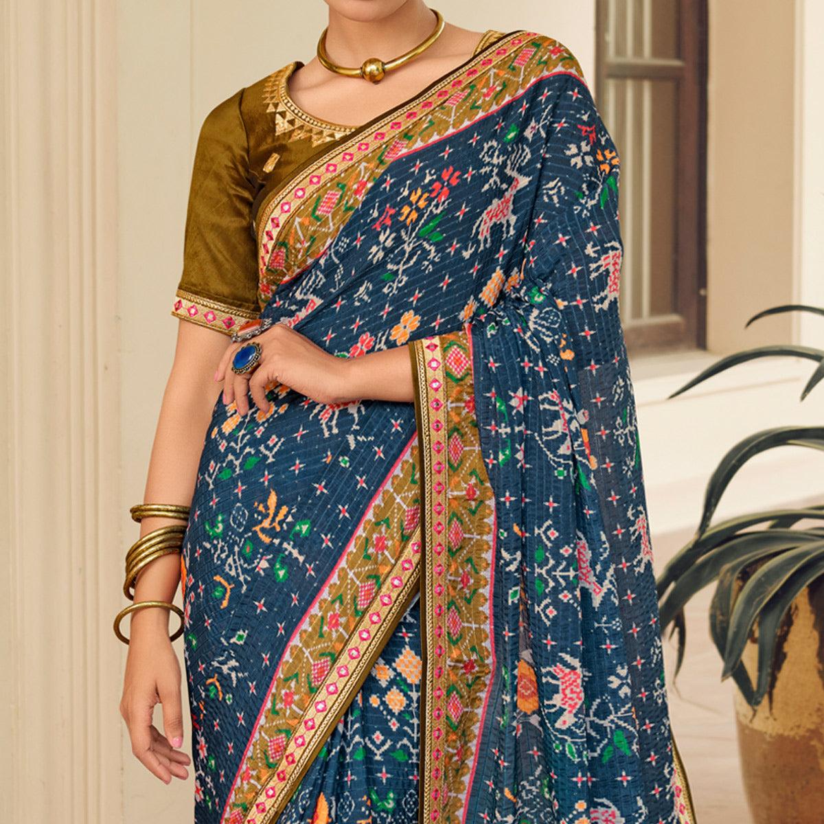 Blue Printed With Embellished Chiffon Saree With Tassels - Peachmode