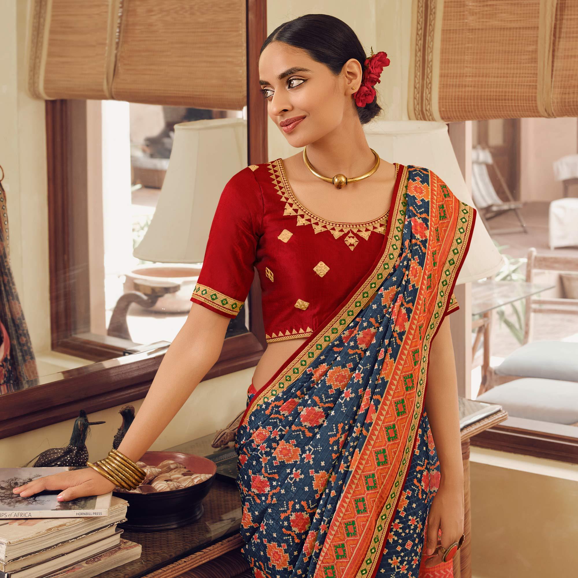 Blue Printed With Embellished Chiffon Saree With Tassels - Peachmode