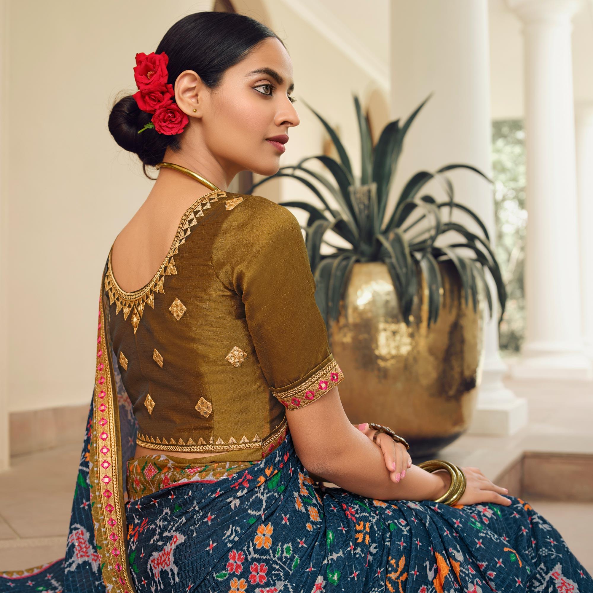 Blue Printed With Embellished Chiffon Saree With Tassels - Peachmode