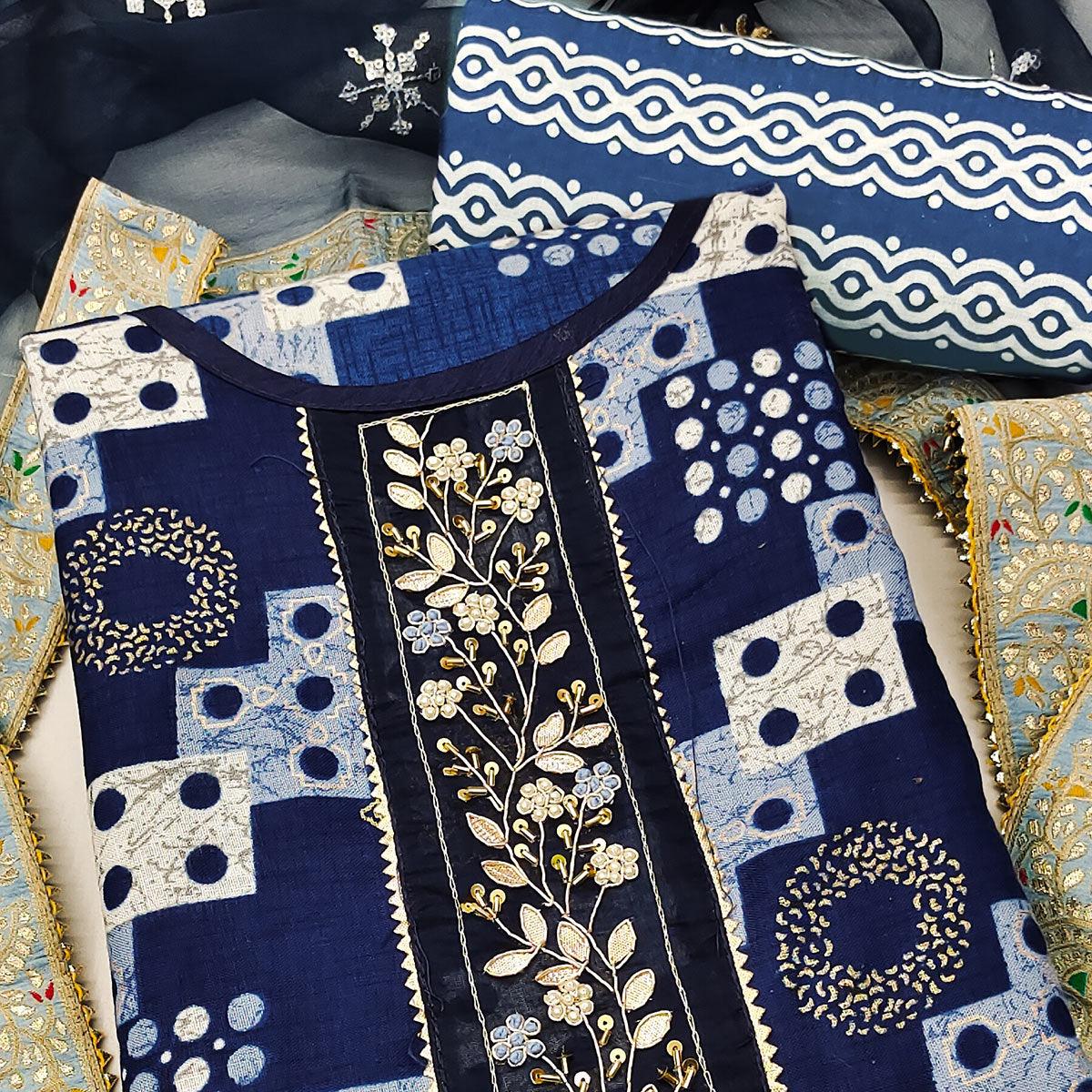 Blue Printed With Embellished Poly Cotton Dress Material - Peachmode