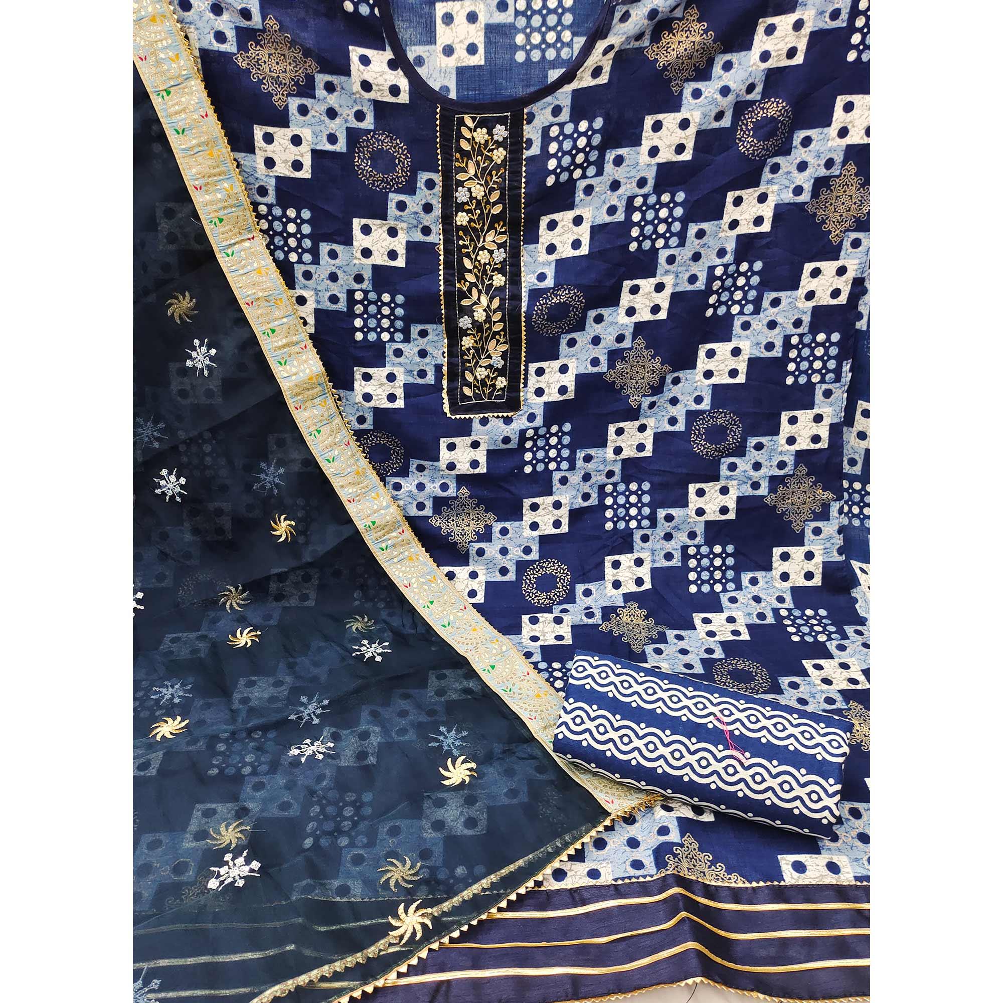 Blue Printed With Embellished Poly Cotton Dress Material - Peachmode