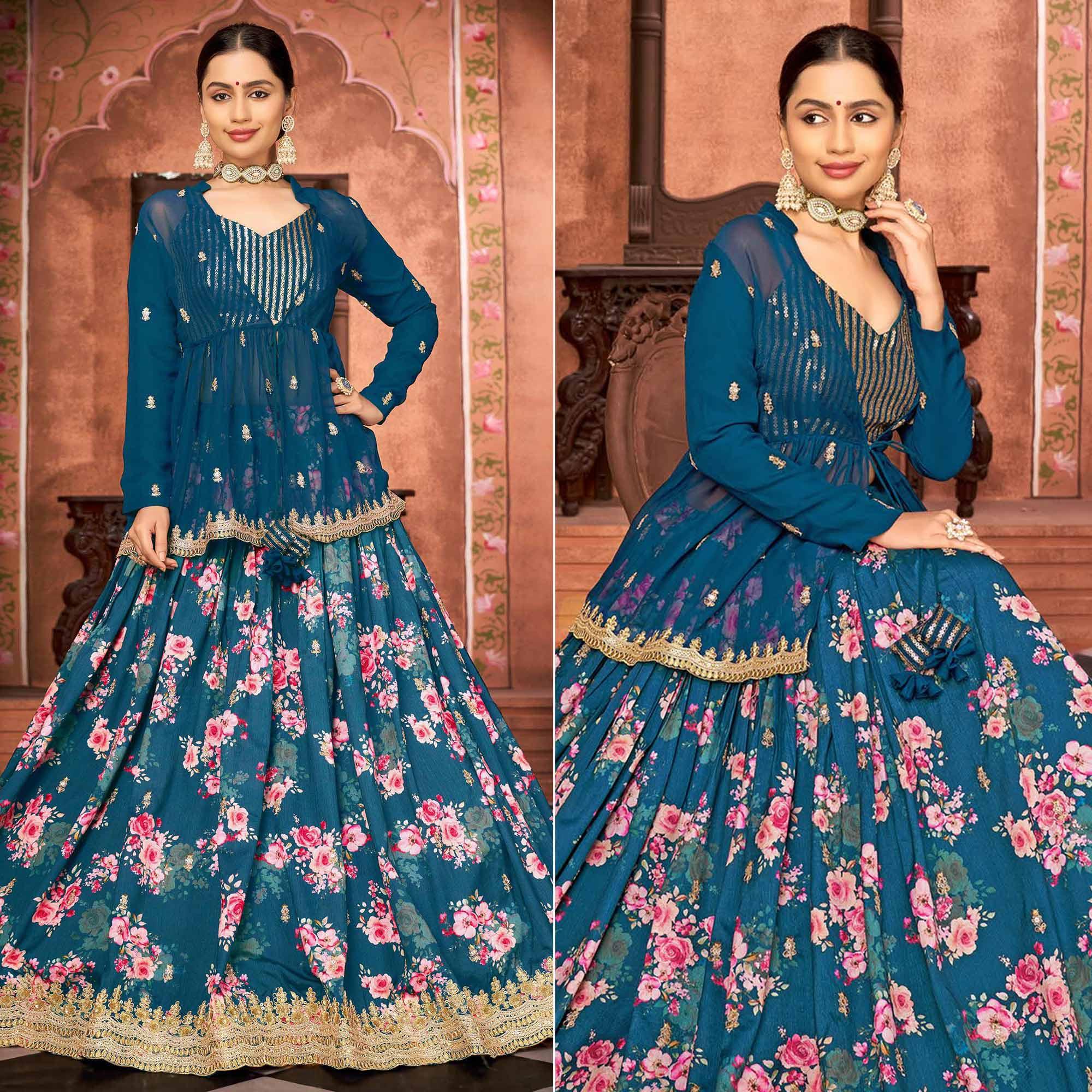 Blue Printed With Embroidered Chiffon Lehenga Choli With Koti - Peachmode