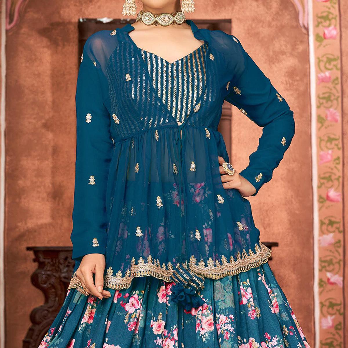 Blue Printed With Embroidered Chiffon Lehenga Choli With Koti - Peachmode