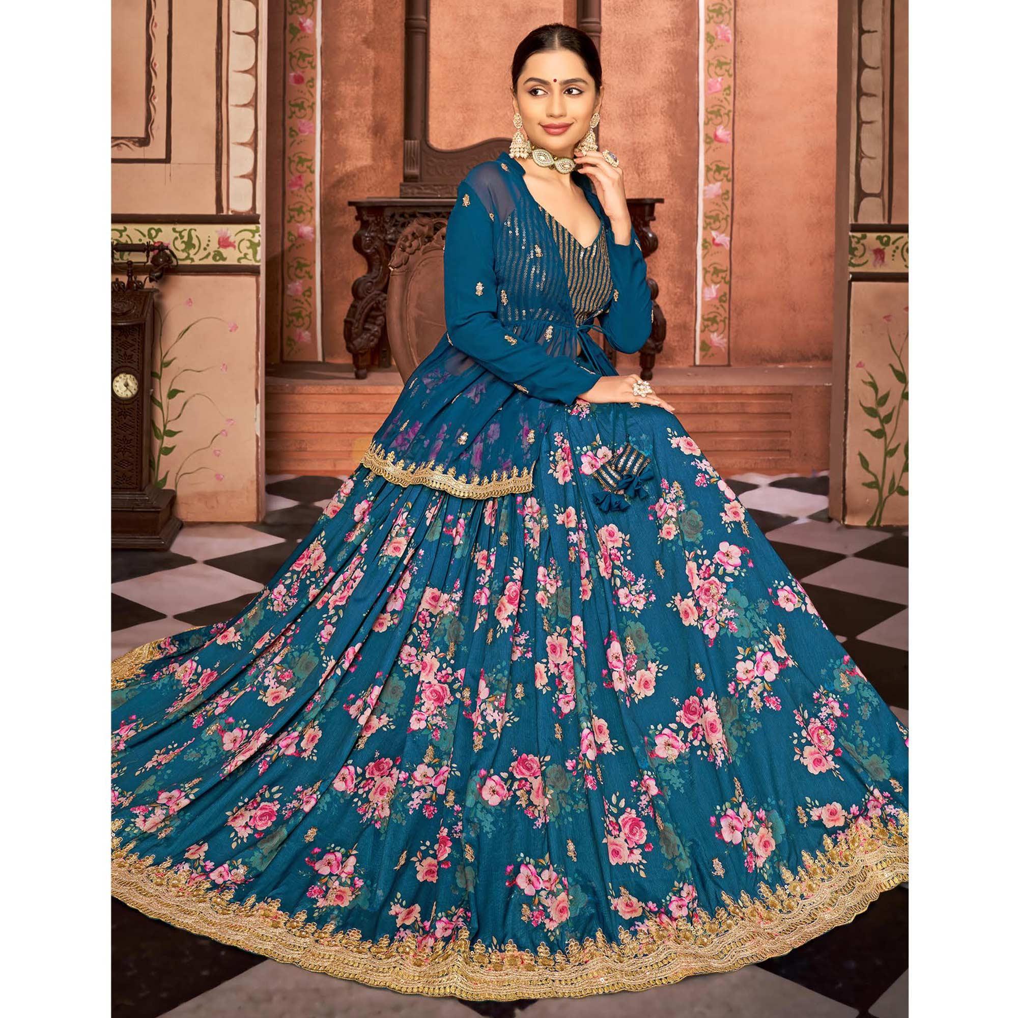 Blue Printed With Embroidered Chiffon Lehenga Choli With Koti - Peachmode