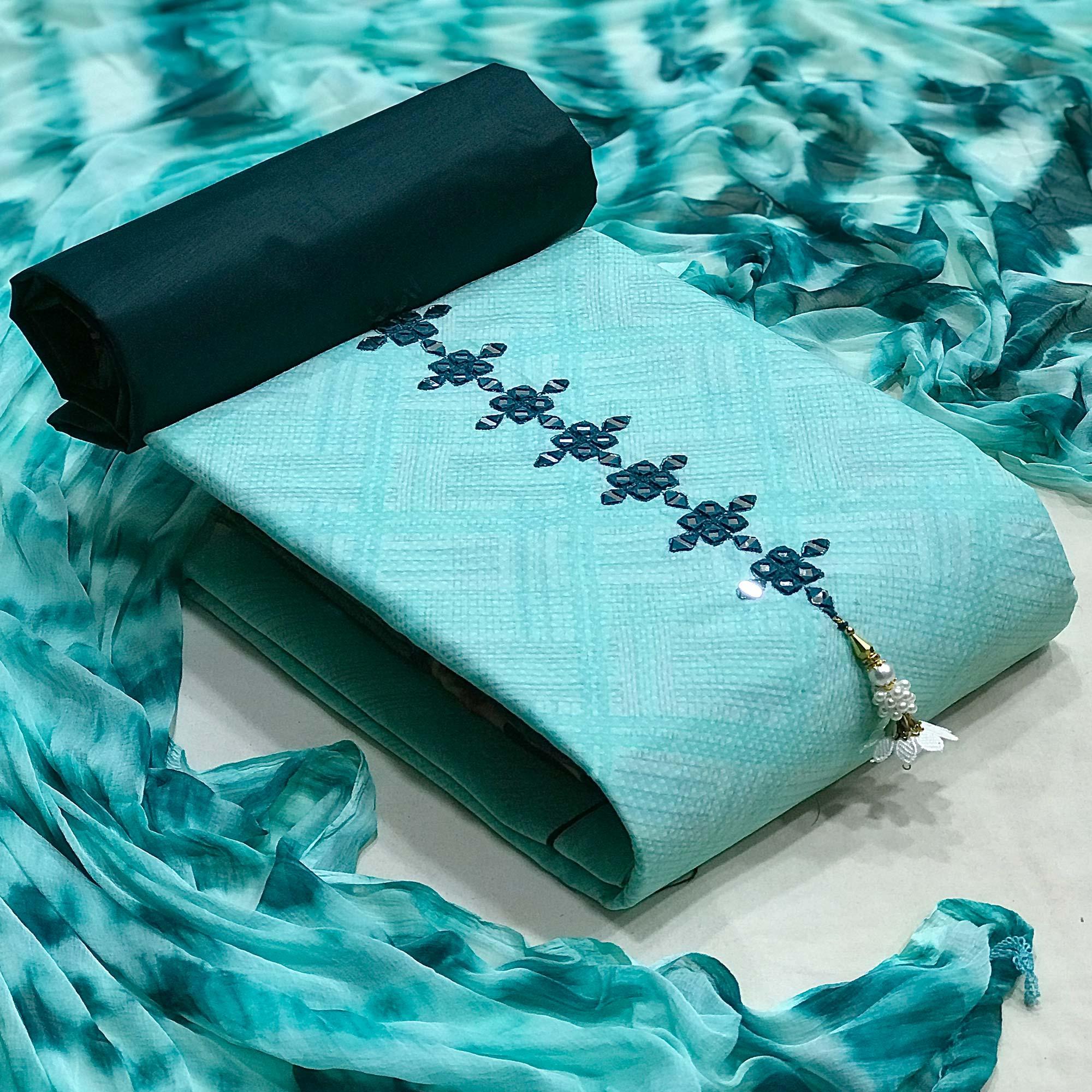 Blue Printed With Embroidered Cotton Blend Dress Material - Peachmode