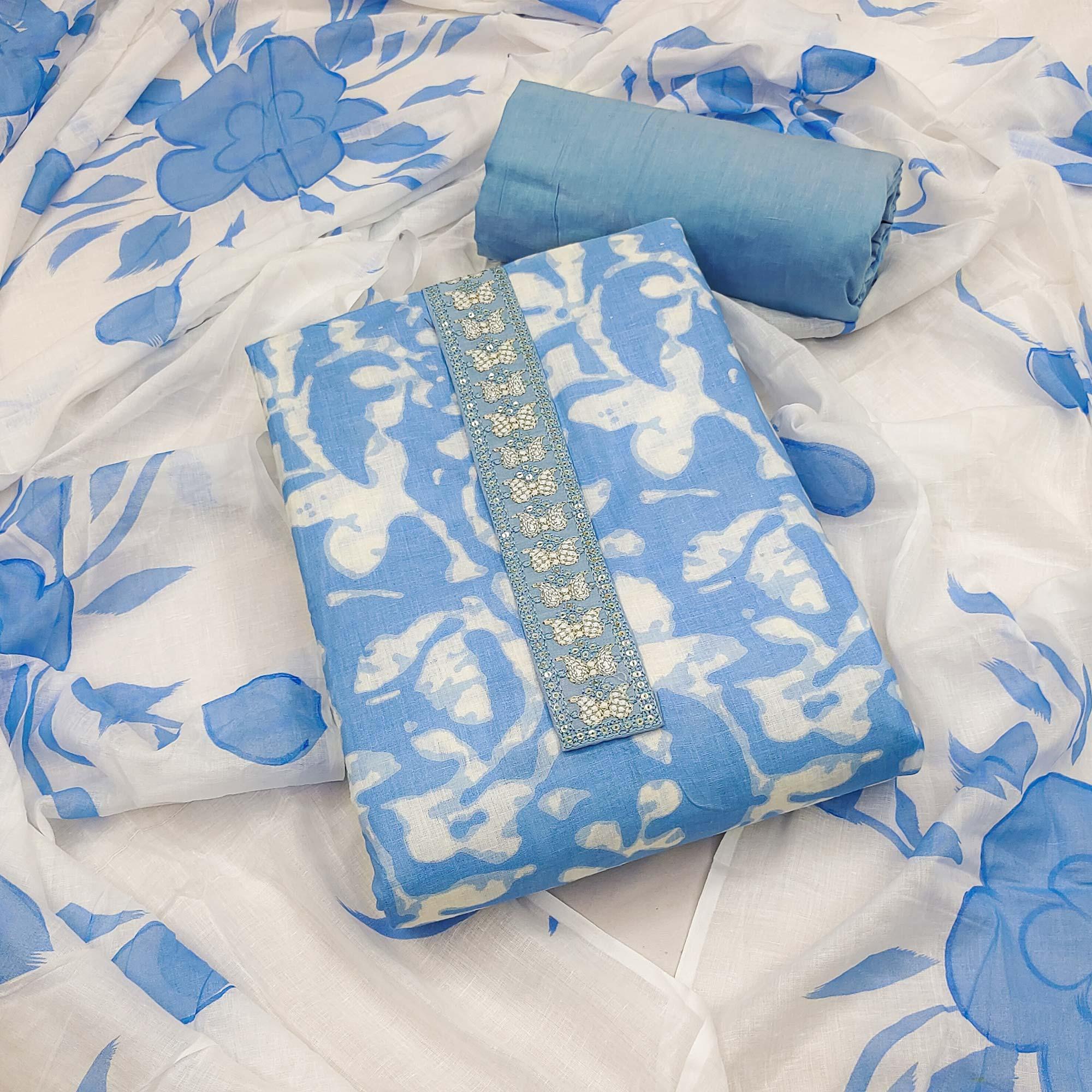 Blue Printed With Embroidered Cotton Blend Dress Material - Peachmode