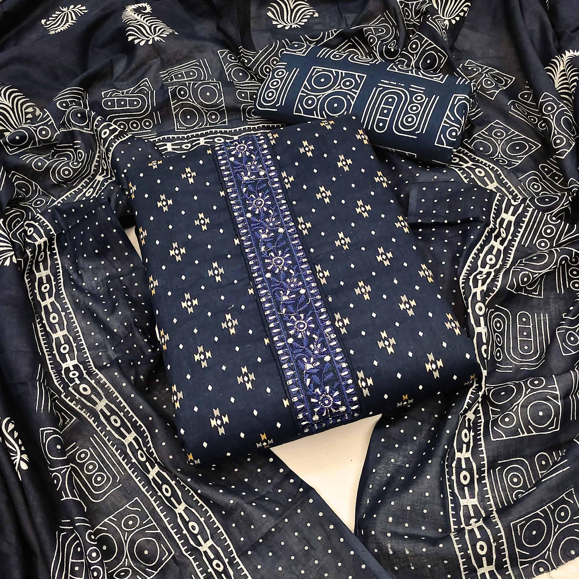 Blue Printed With Embroidered Cotton Blend Dress Material - Peachmode