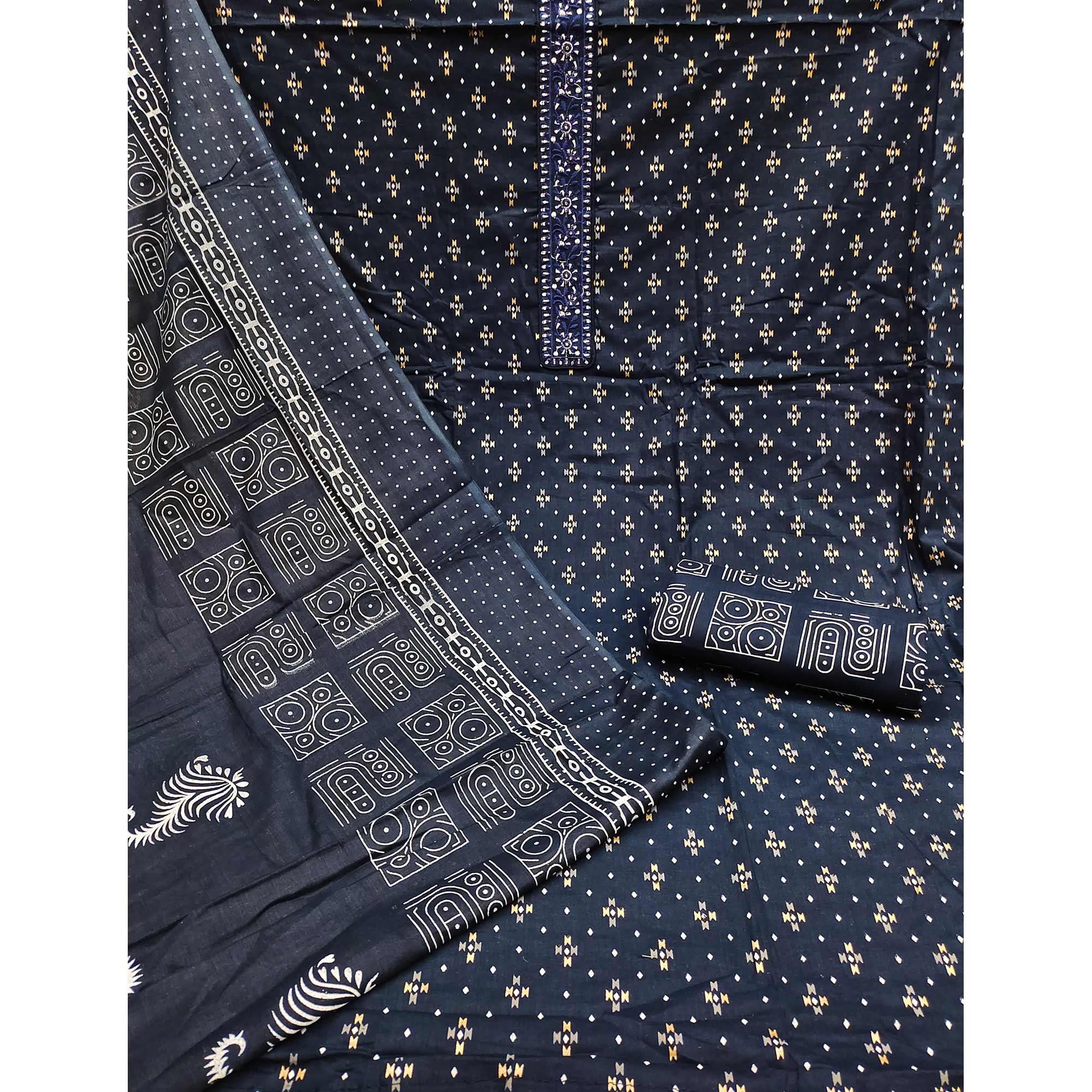 Blue Printed With Embroidered Cotton Blend Dress Material - Peachmode