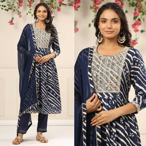 Blue Printed With Embroidered Muslin Anarkali Suit - Peachmode