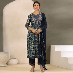 Blue Printed With Embroidered Muslin Anarkali Suit - Peachmode