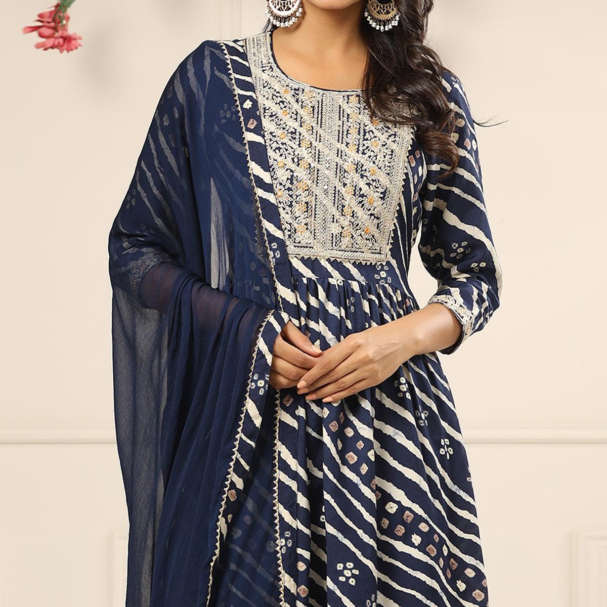 Blue Printed With Embroidered Muslin Anarkali Suit - Peachmode