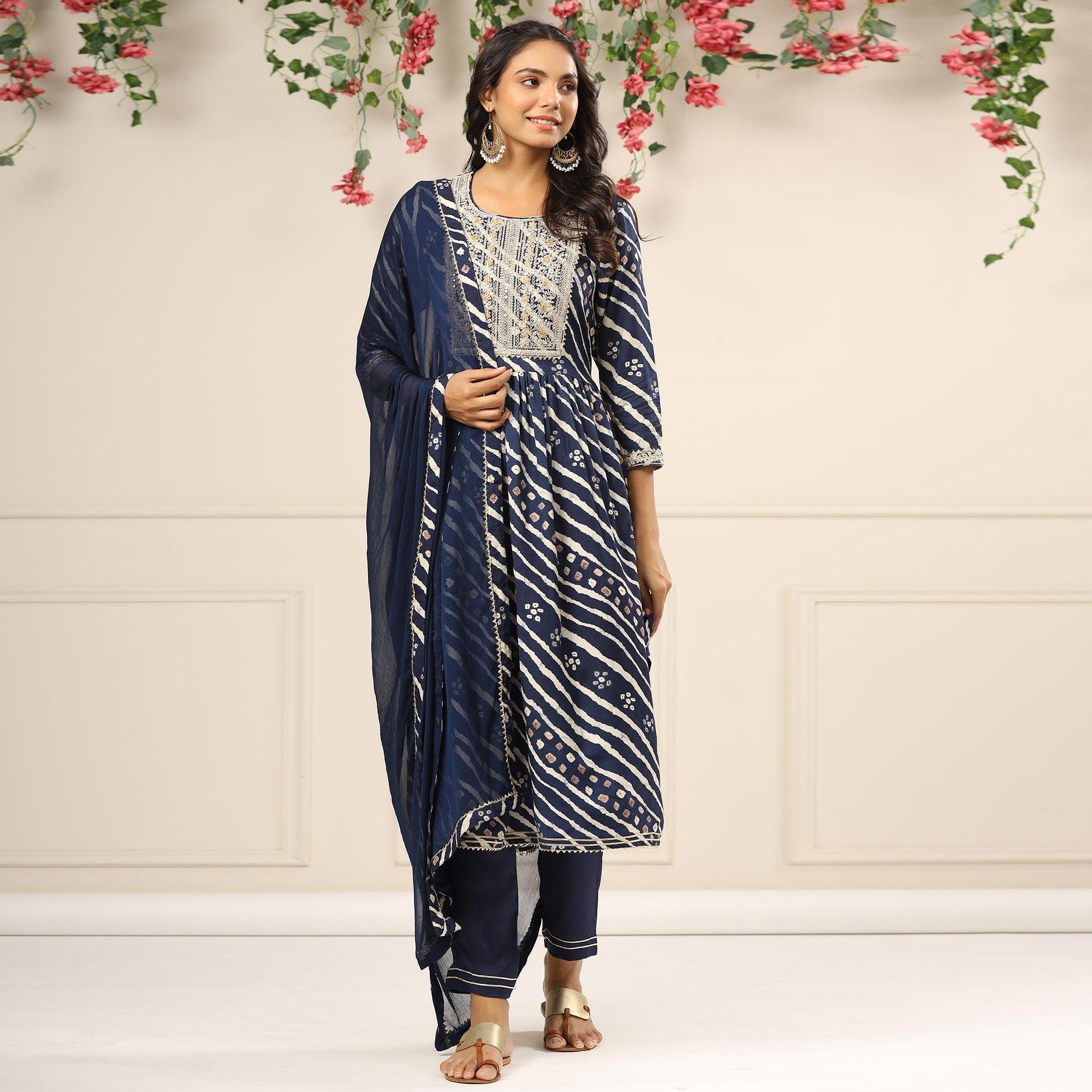 Blue Printed With Embroidered Muslin Anarkali Suit - Peachmode