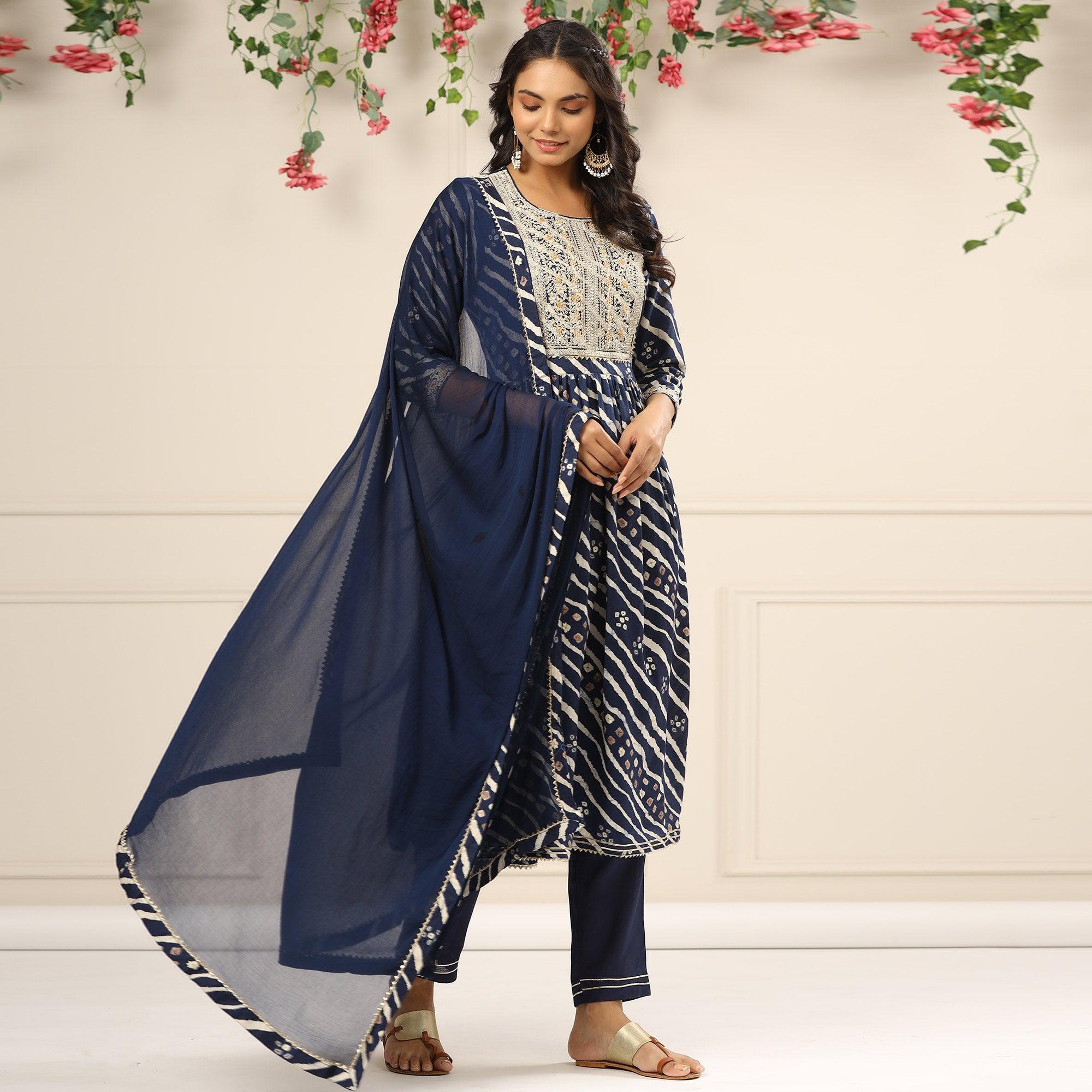 Blue Printed With Embroidered Muslin Anarkali Suit - Peachmode