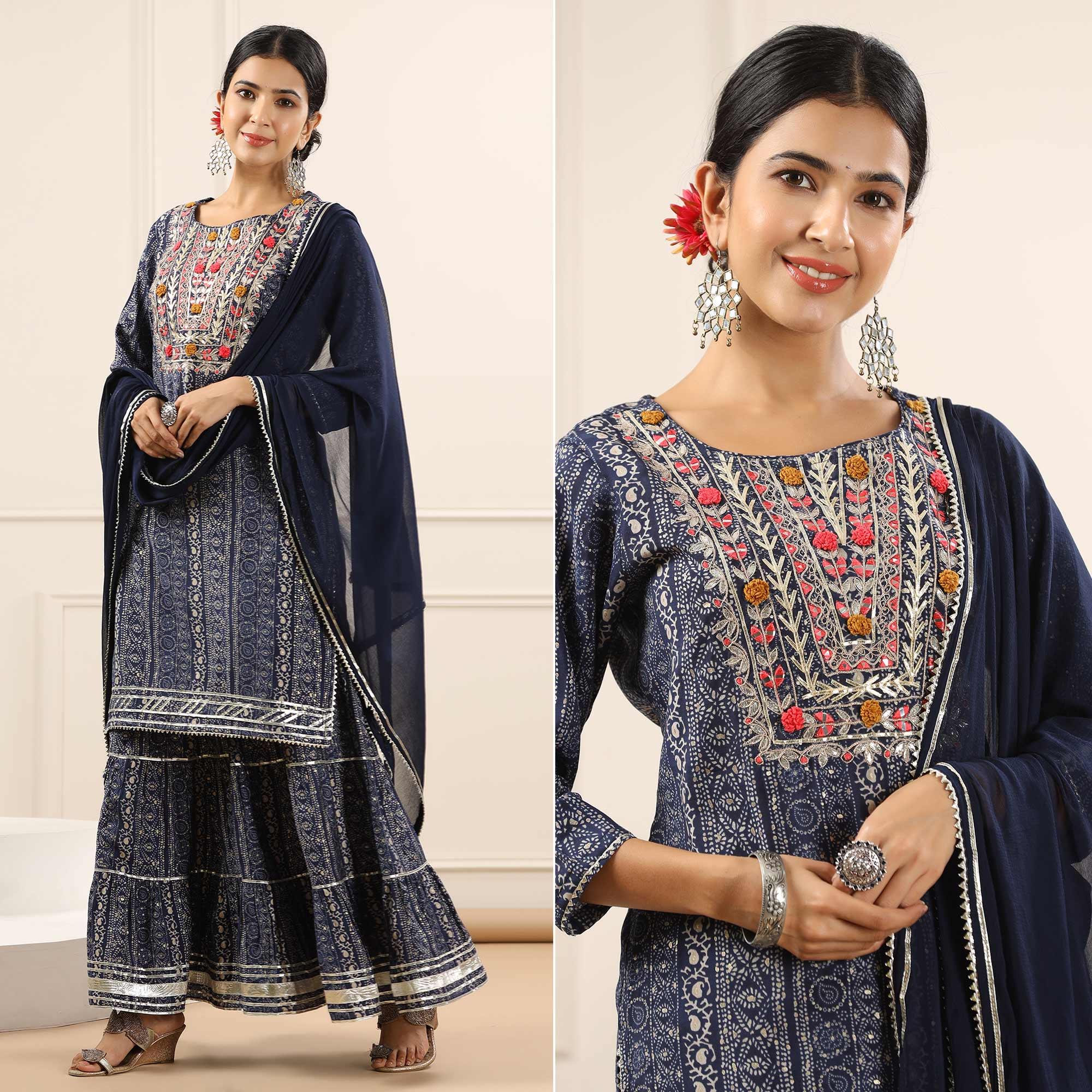 Blue Printed With Embroidered Muslin Sharara Suit - Peachmode