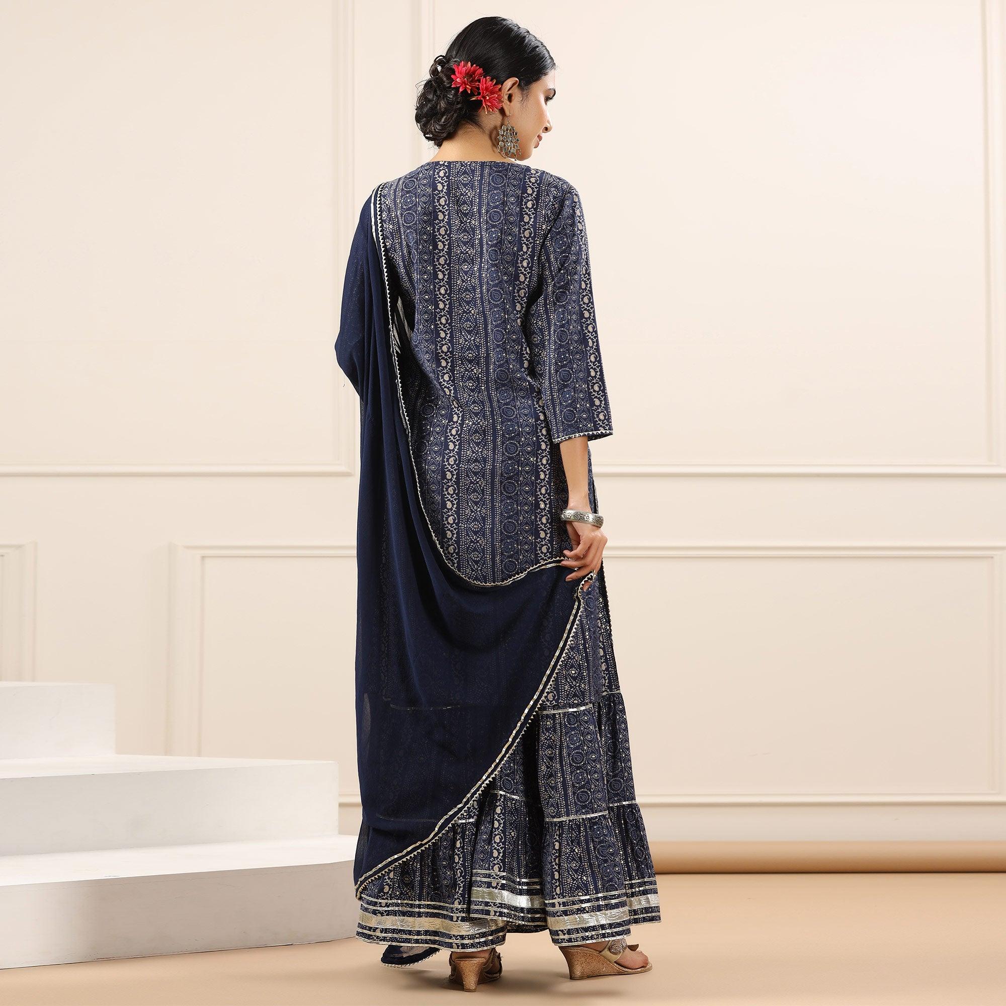 Blue Printed With Embroidered Muslin Sharara Suit - Peachmode