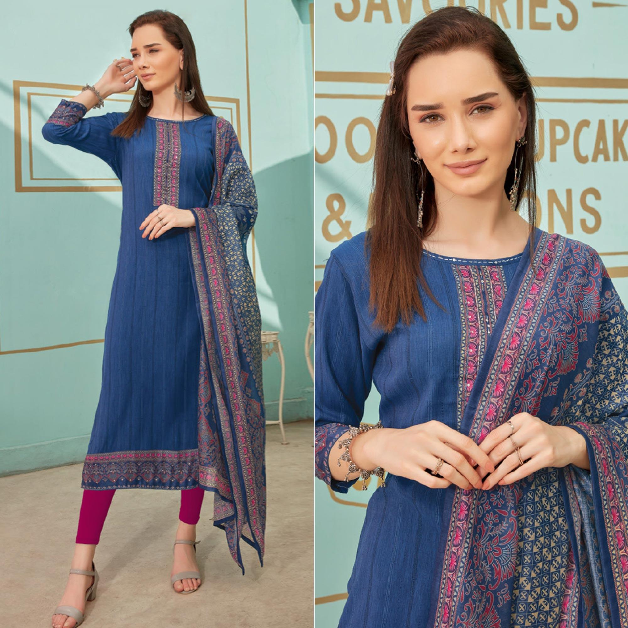 Blue Printed With Embroidery Tapetta Silk Kurti With Dupatta - Peachmode