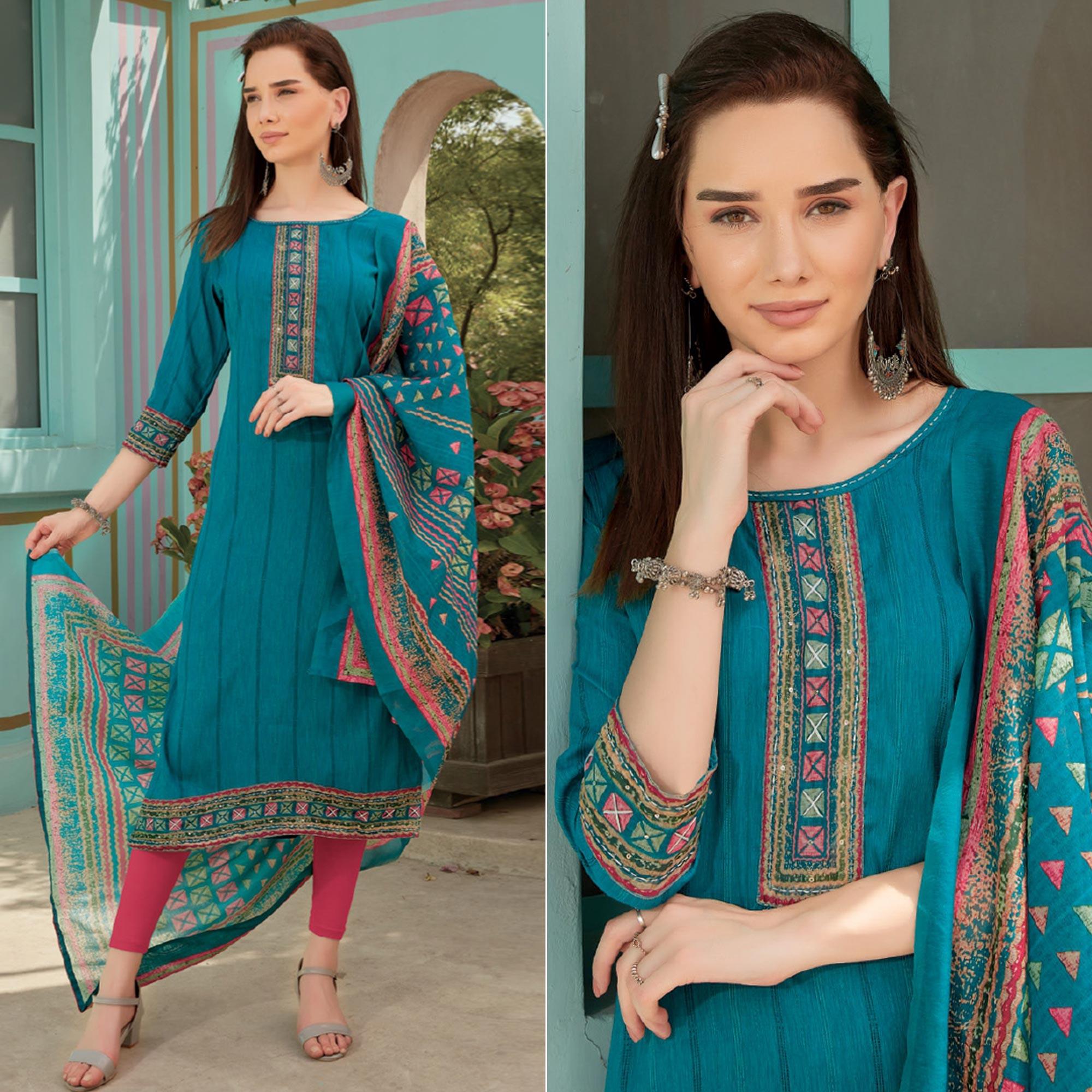Blue Printed With Embroidery Tapetta Silk Kurti With Dupatta - Peachmode
