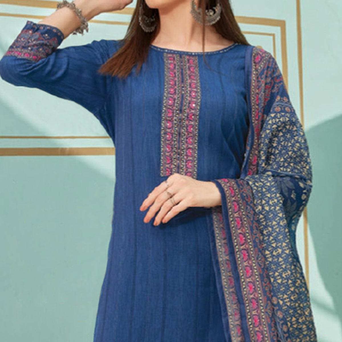 Blue Printed With Embroidery Tapetta Silk Kurti With Dupatta - Peachmode